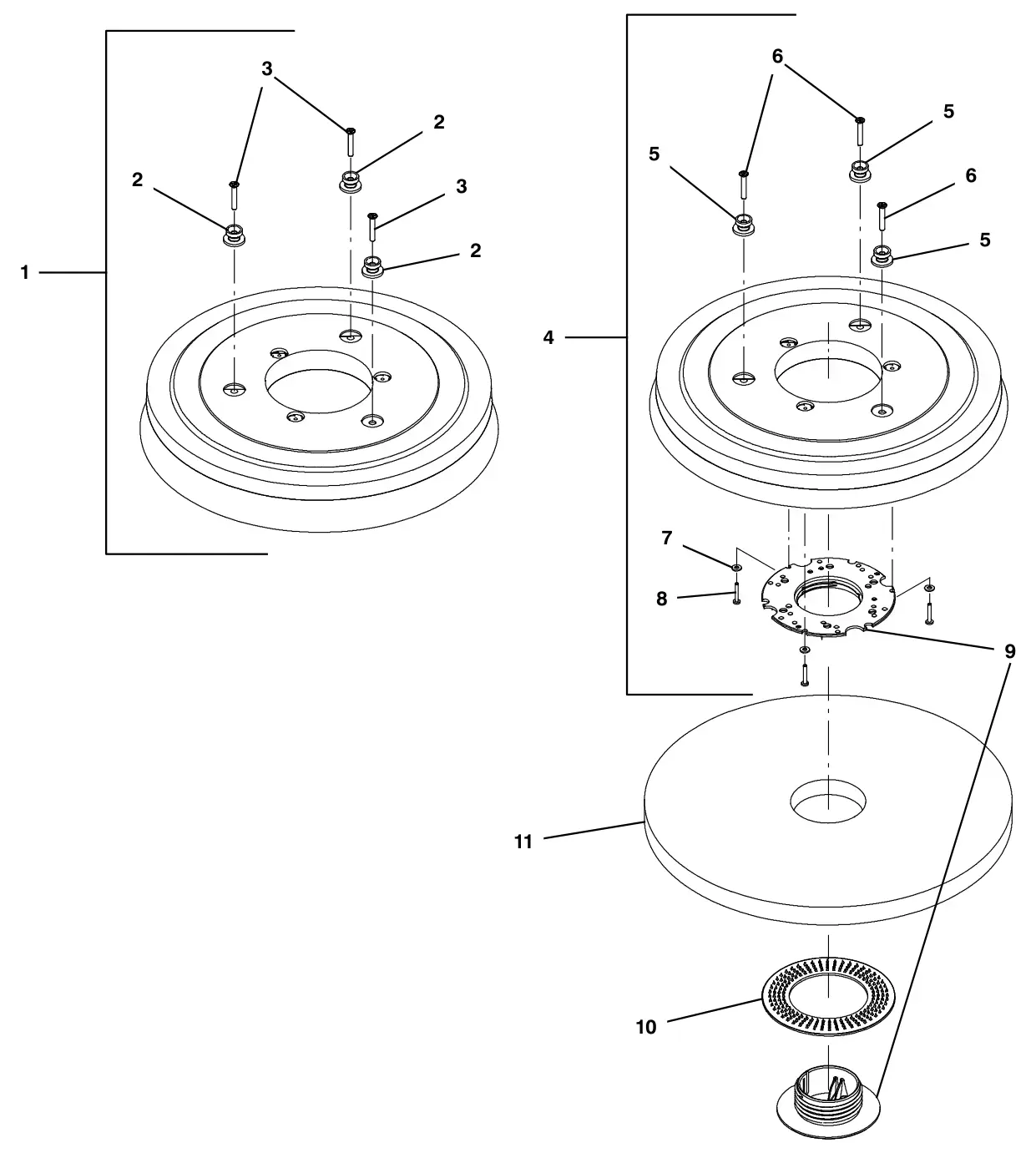 Tennant T300 (S/N 30064755-40000000) brushes and pad driver group, 43cm disk 3- lug hub drawing, manual page 10
