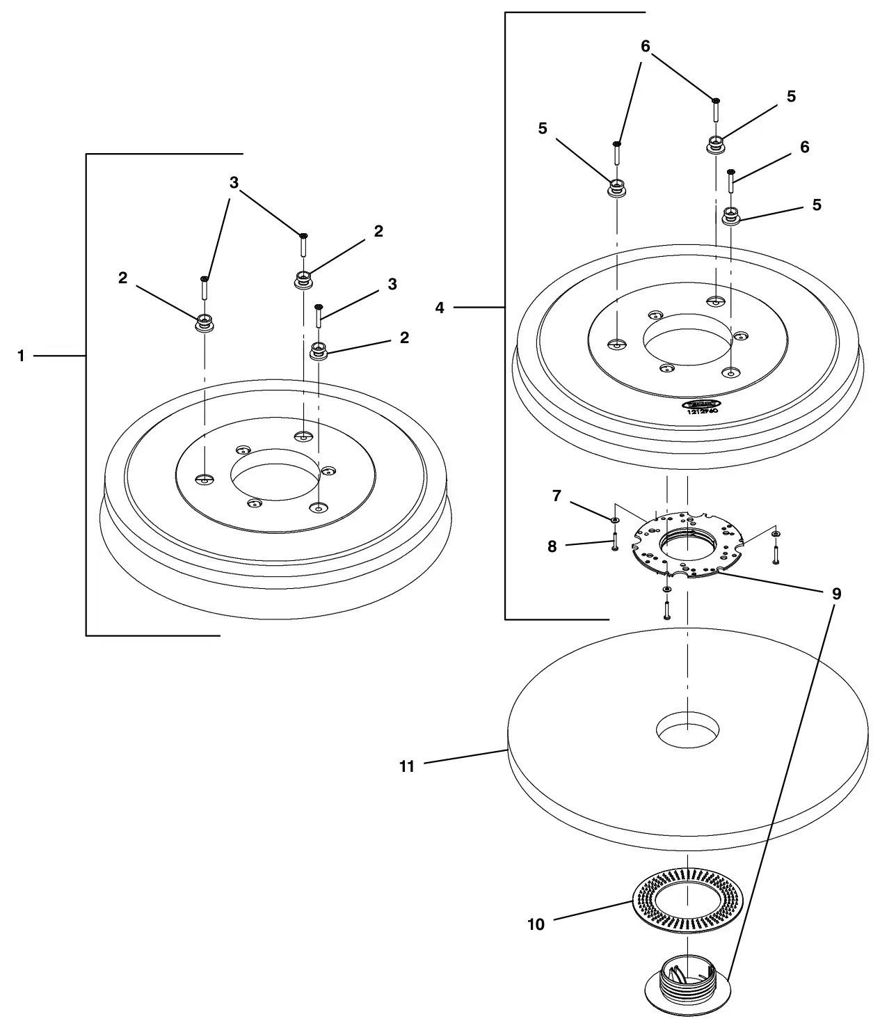 Tennant T300 (S/N 30064755-40000000) brushes and pad driver group, 50cm disk 3- lug hub drawing, manual page 14