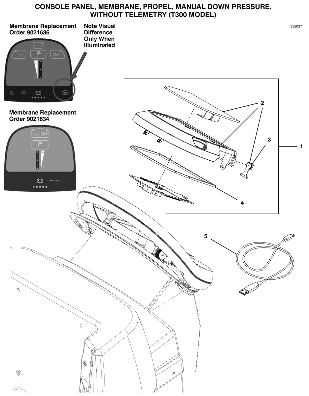 Tennant T300 (S/N 30064755-40000000) console panel, membrane, propel, manual down pressure, without telemetry (t300 model) drawing, manual page 102