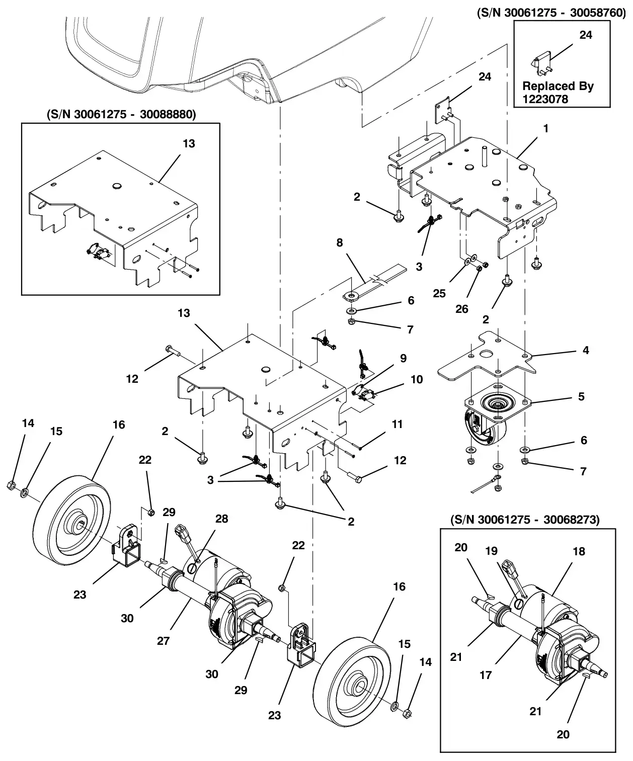 Tennant T300 (S/N 30064755-40000000) frame group, propel (t300 model) drawing, manual page 62