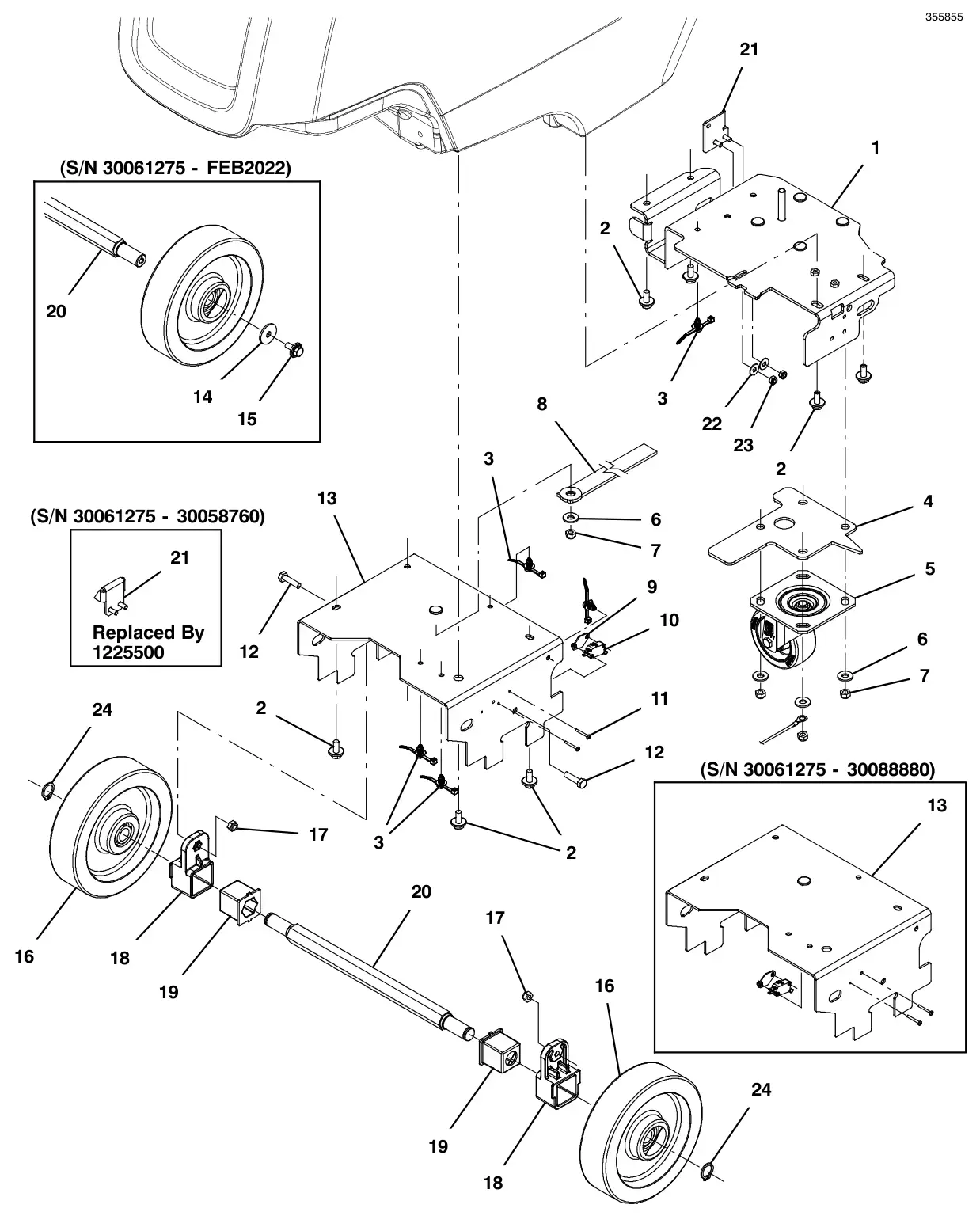 Tennant T300 (S/N 30064755-40000000) frame group, push (t300 model) drawing, manual page 60