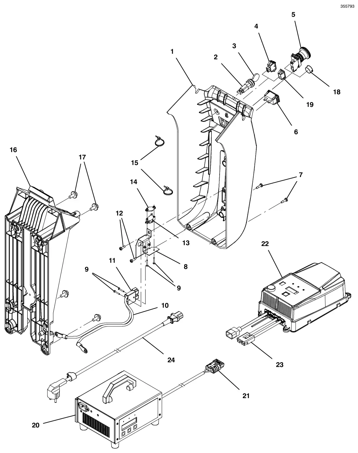Tennant T300 (S/N 30064755-40000000) lower console group, off- board charger (t300 model) drawing, manual page 88