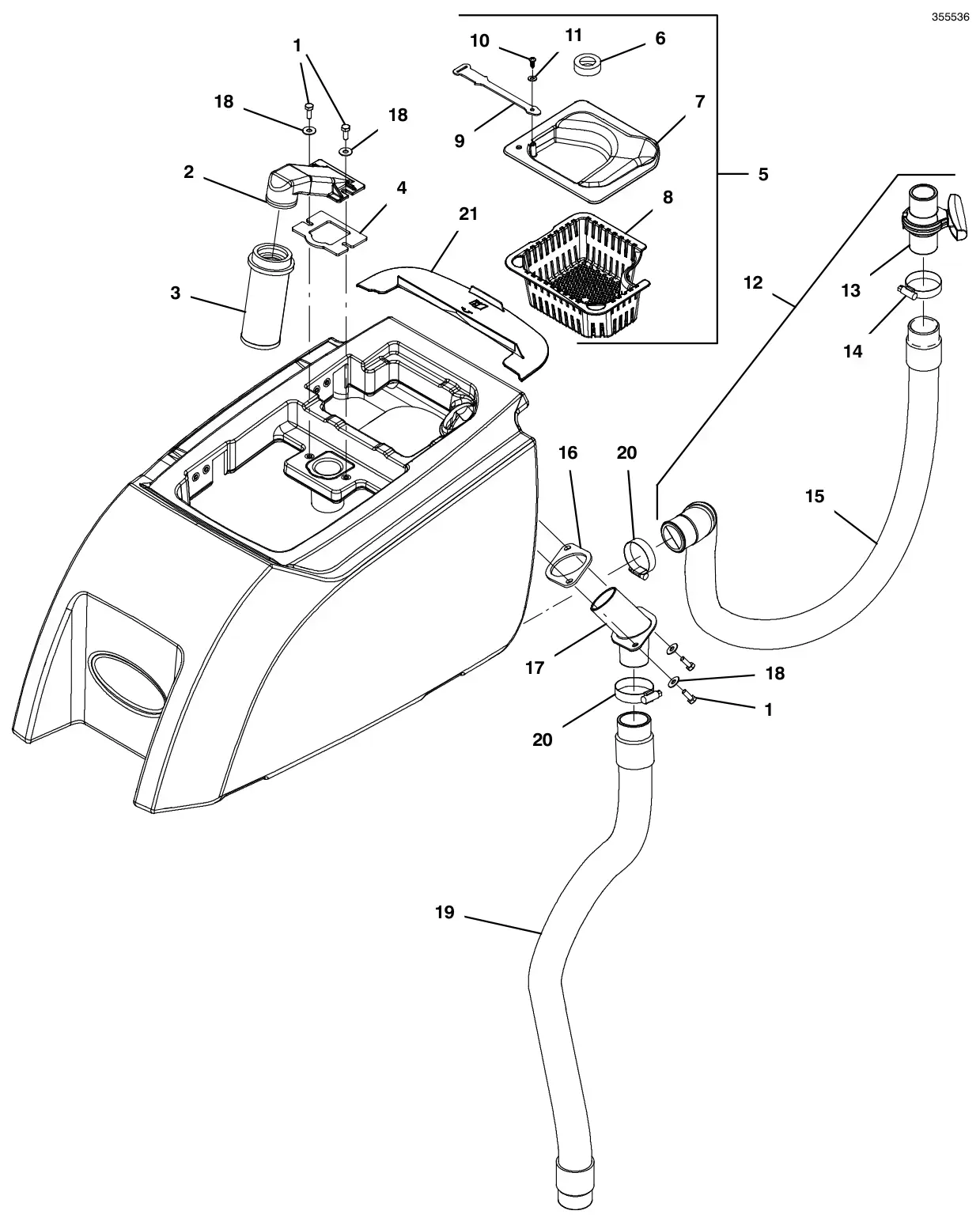 Tennant T300 (S/N 30064755-40000000) recovery tank filter and hose group, control valve (japan) drawing, manual page 54