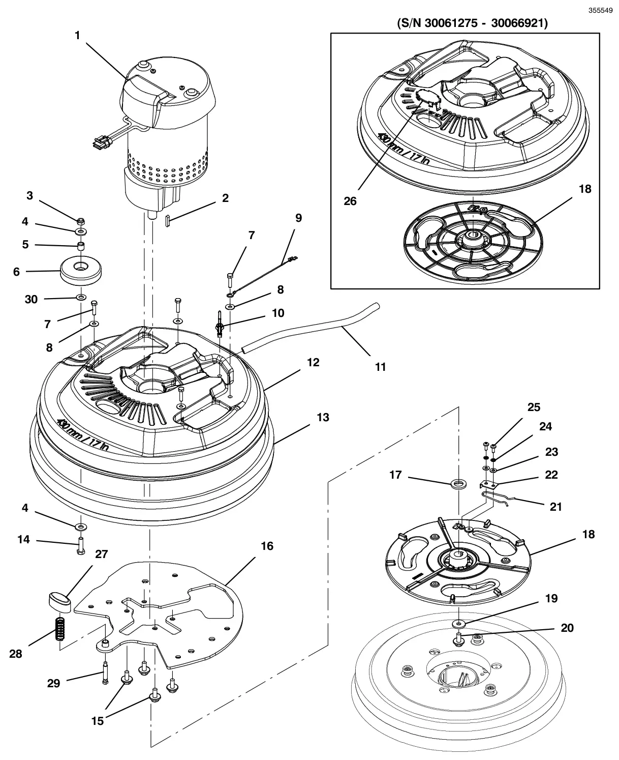 Tennant T300 (S/N 30064755-40000000) scrub head group, 43cm disk, 3- lug hub drawing, manual page 24