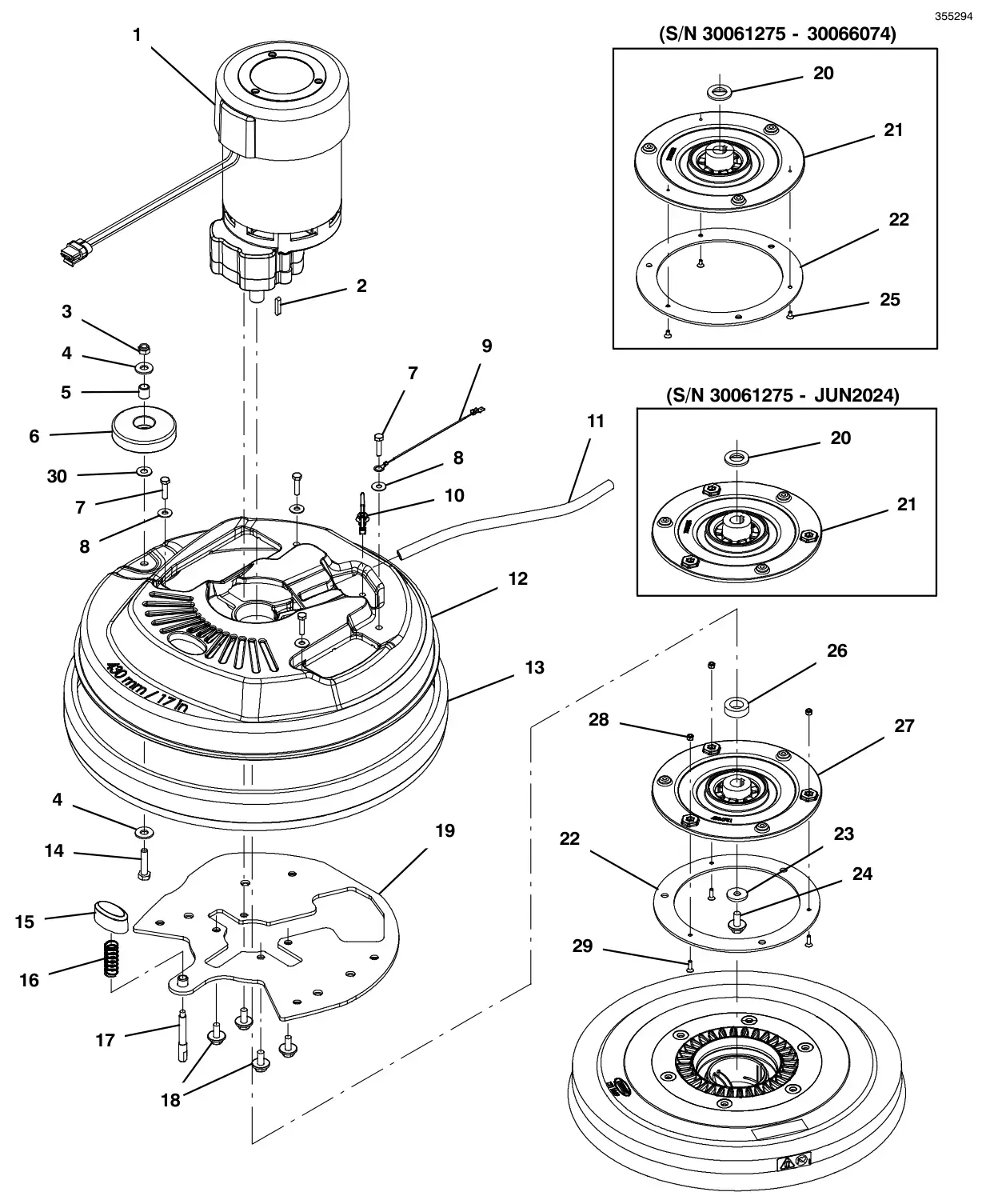 Tennant T300 (S/N 30064755-40000000) scrub head group, 43cm disk, magnetic hub drawing, manual page 26