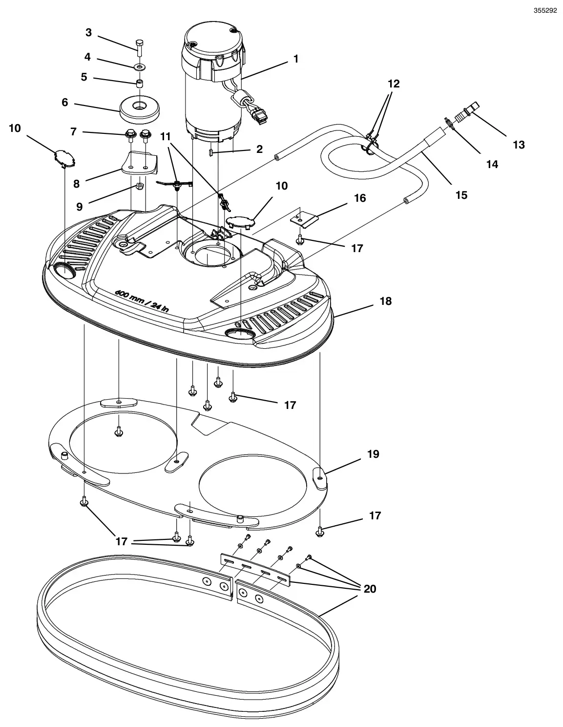 Tennant T300 (S/N 30064755-40000000) scrub head group, 60cm dual disk, 3- lug hub drawing, manual page 32