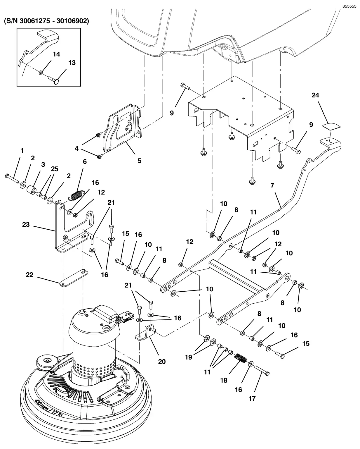 Tennant T300 (S/N 30064755-40000000) scrub head lift group, 43cm disk model (t300 model) drawing, manual page 116
