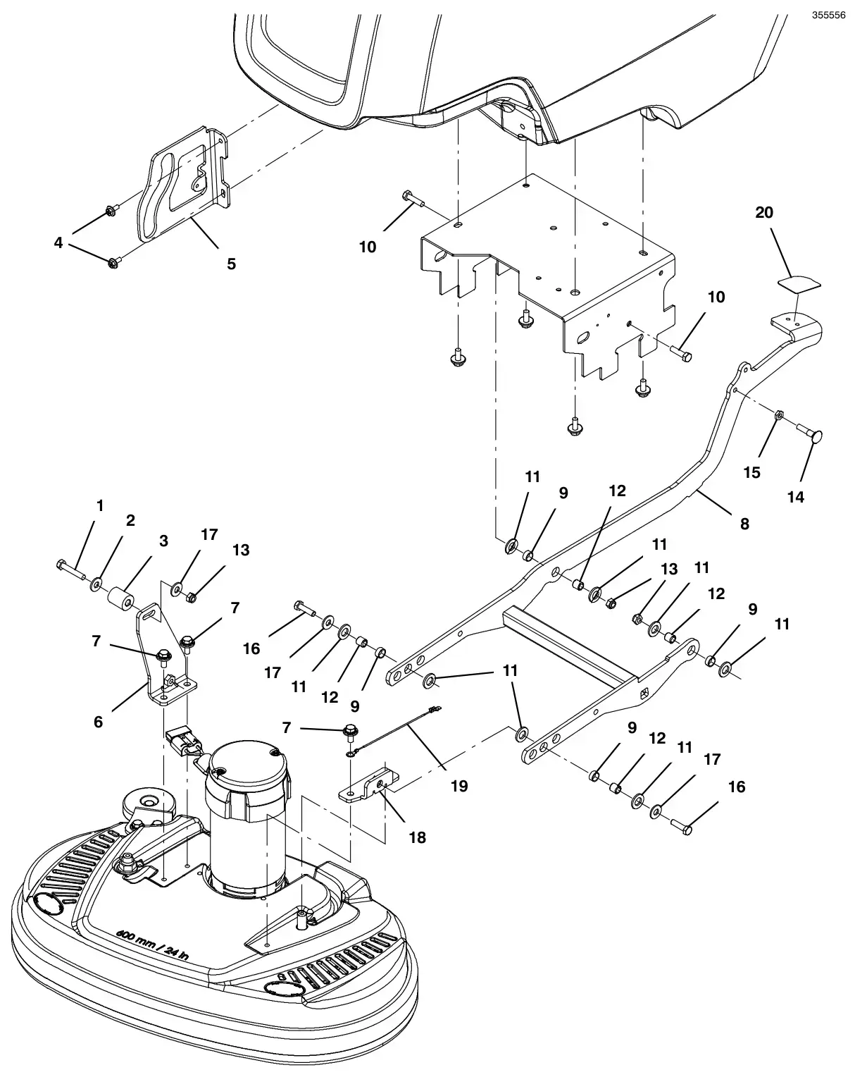 Tennant T300 (S/N 30064755-40000000) scrub head lift group, 60cm dual disk model (t300 model) drawing, manual page 122