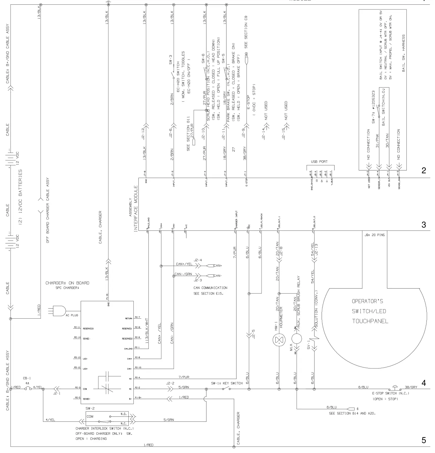 Tennant T300 / T300e (manual 9014517) Electrical: Electrical Diagram, Propel T300e Model (Page 1 of 3), manual page 148