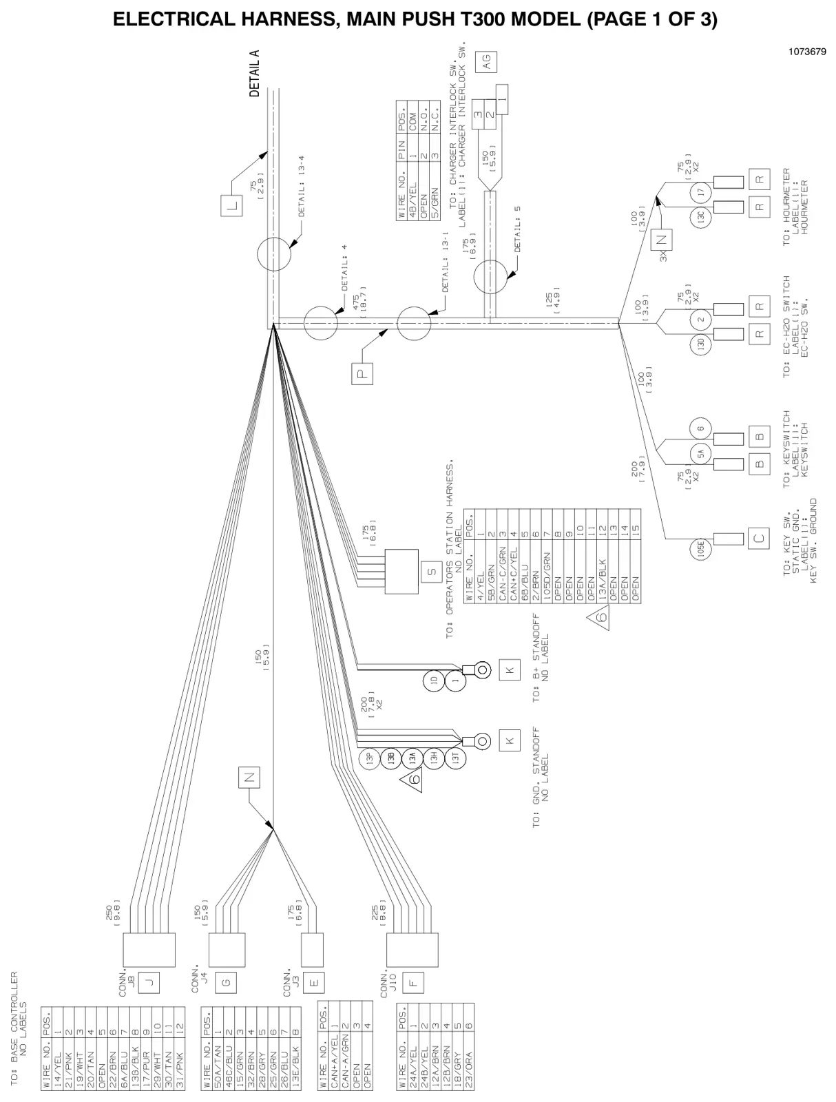 Tennant T300 / T300e (manual 9014517) Electrical: Electrical Harness, Main Push T300 Model (Page 1 of 3), manual page 158