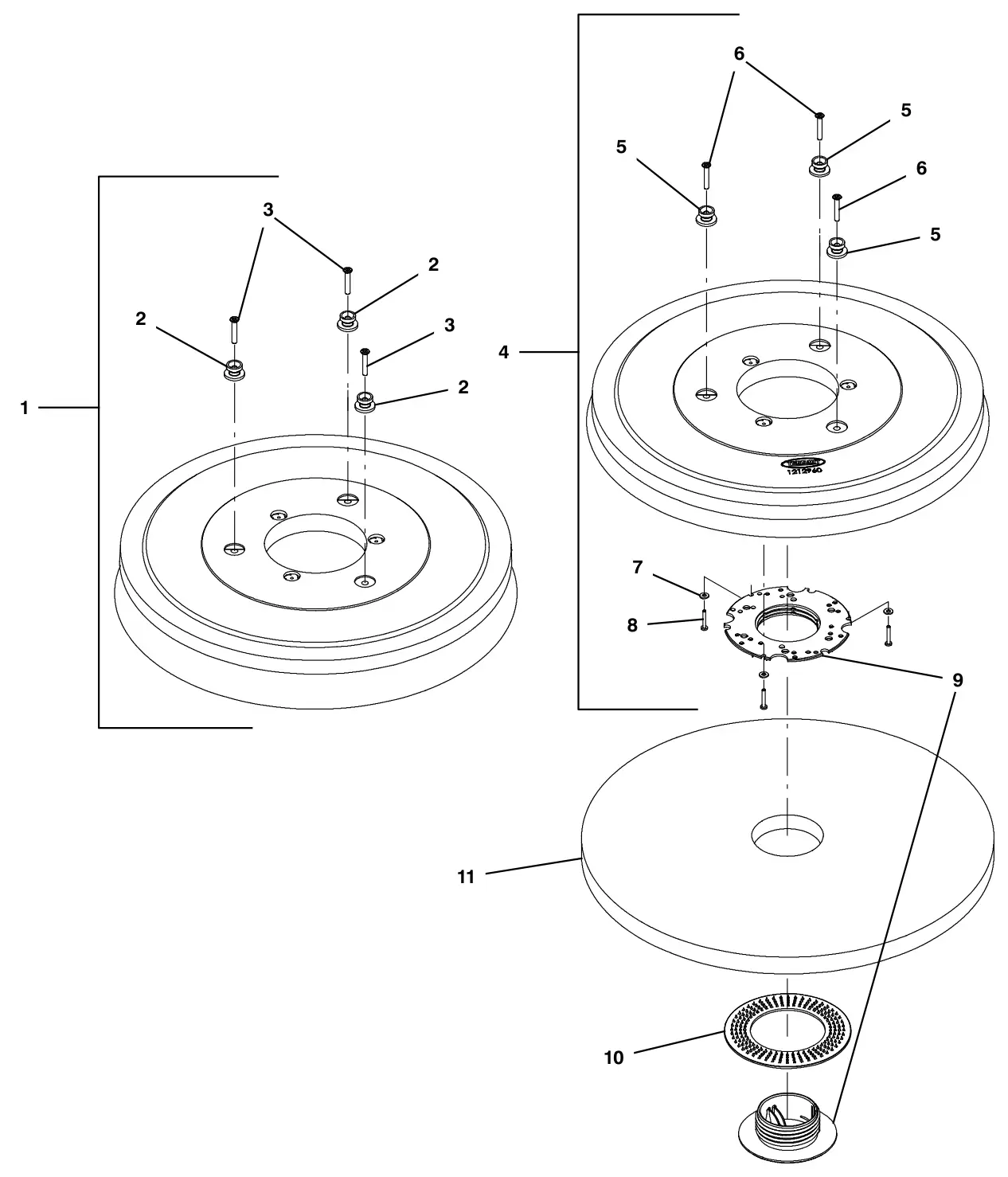 Tennant T300e brushes and pad driver group, 20 in (50 cm) disk drawing, manual page 8