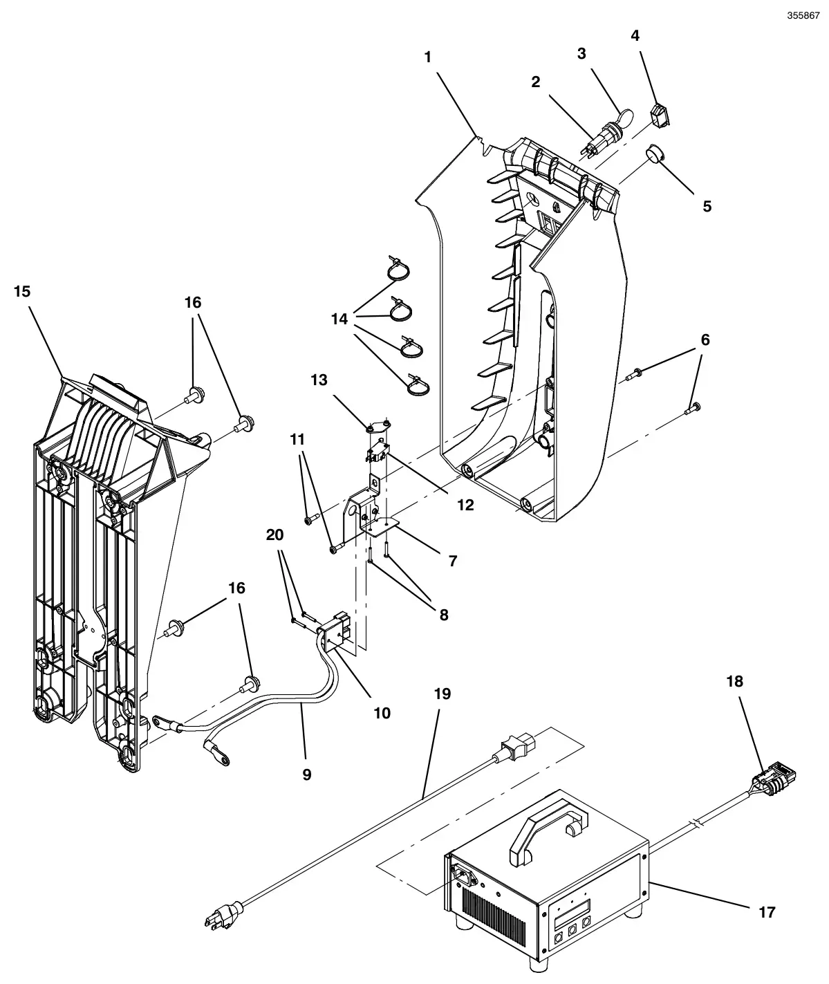 Tennant T300e lower console group, off-board charger drawing, manual page 24