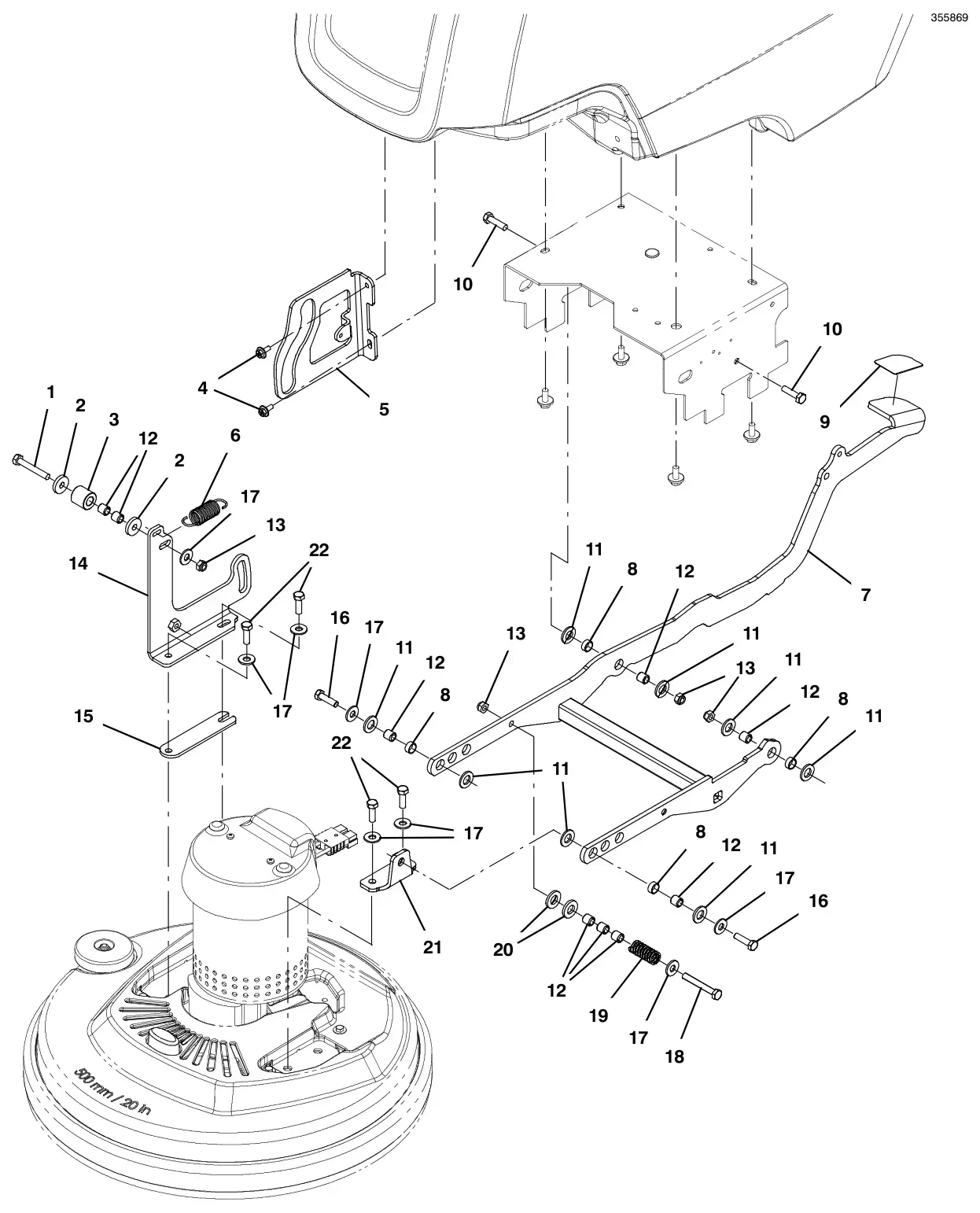 Tennant T300e scrub head lift group, 20 in (50 cm) disk drawing, manual page 30