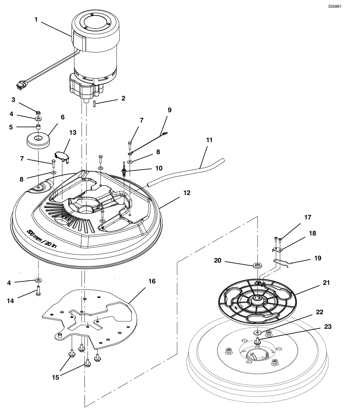 Tennant T300e scrub head group, 20 in (50 cm) disk drawing, manual page 10