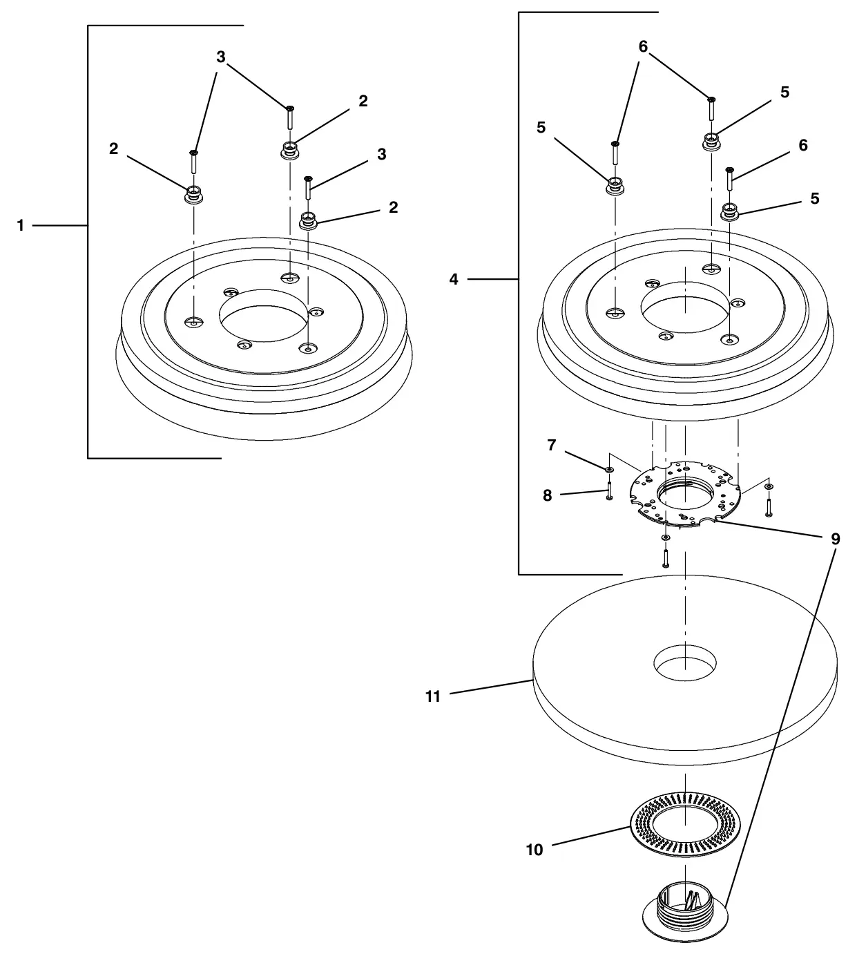Tennant T300e (S/N 30061275-40000000) brushes and pad driver group, 43cm disk 3- lug hub drawing, manual page 10