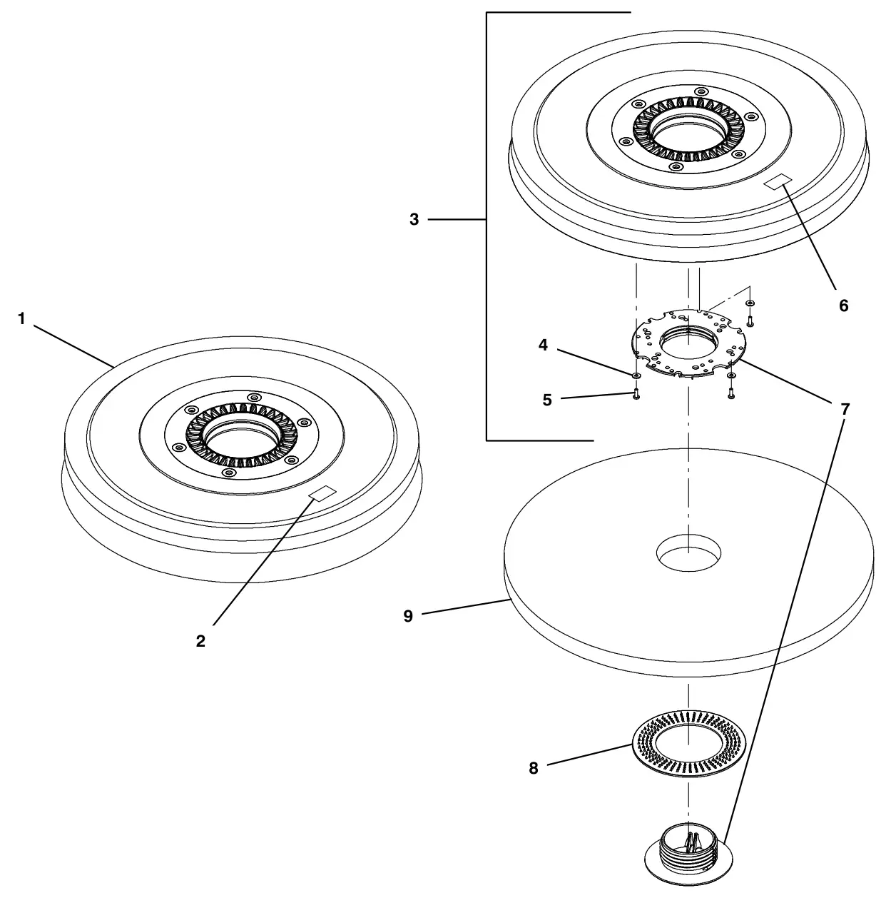 Tennant T300e (S/N 30061275-40000000) brushes and pad driver group, 50cm disk magnetic hub drawing, manual page 16