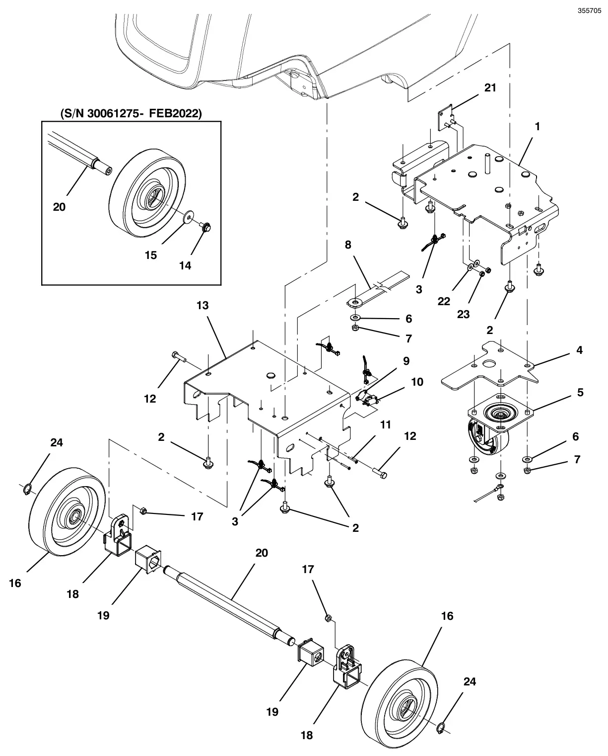 Tennant T300e (S/N 30061275-40000000) frame group, push (t300e model) drawing, manual page 58