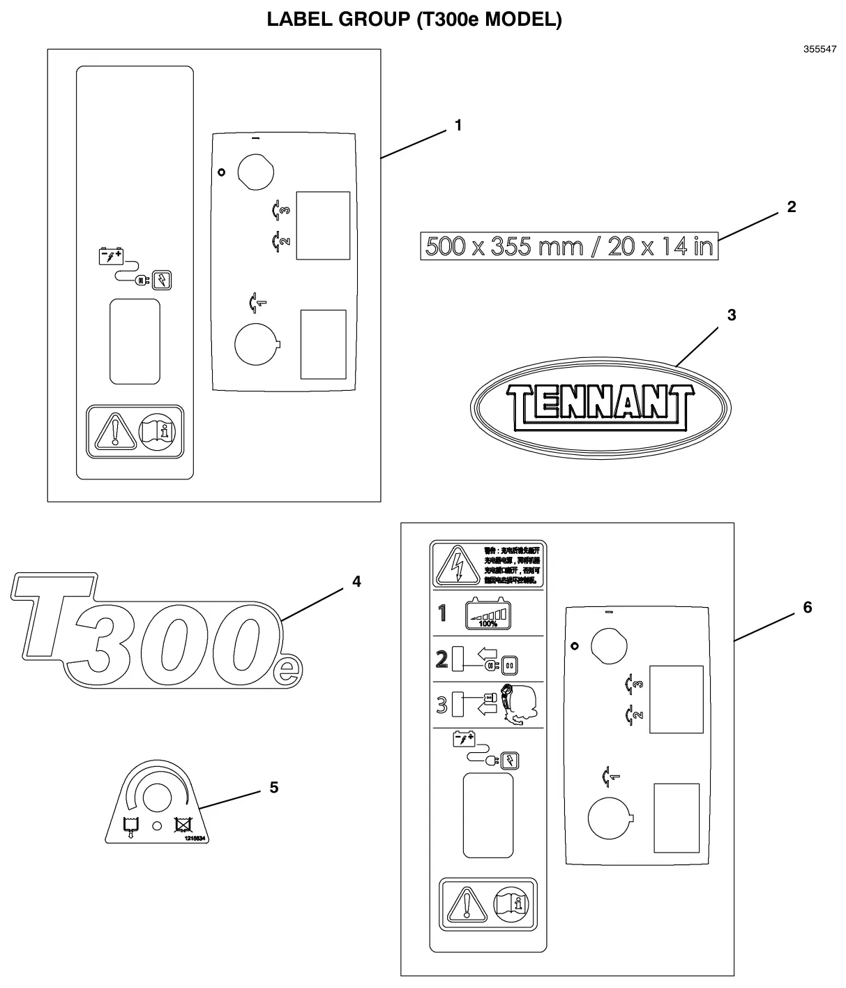 Tennant T300e (S/N 30061275-40000000) label group (t300e model) drawing, manual page 140