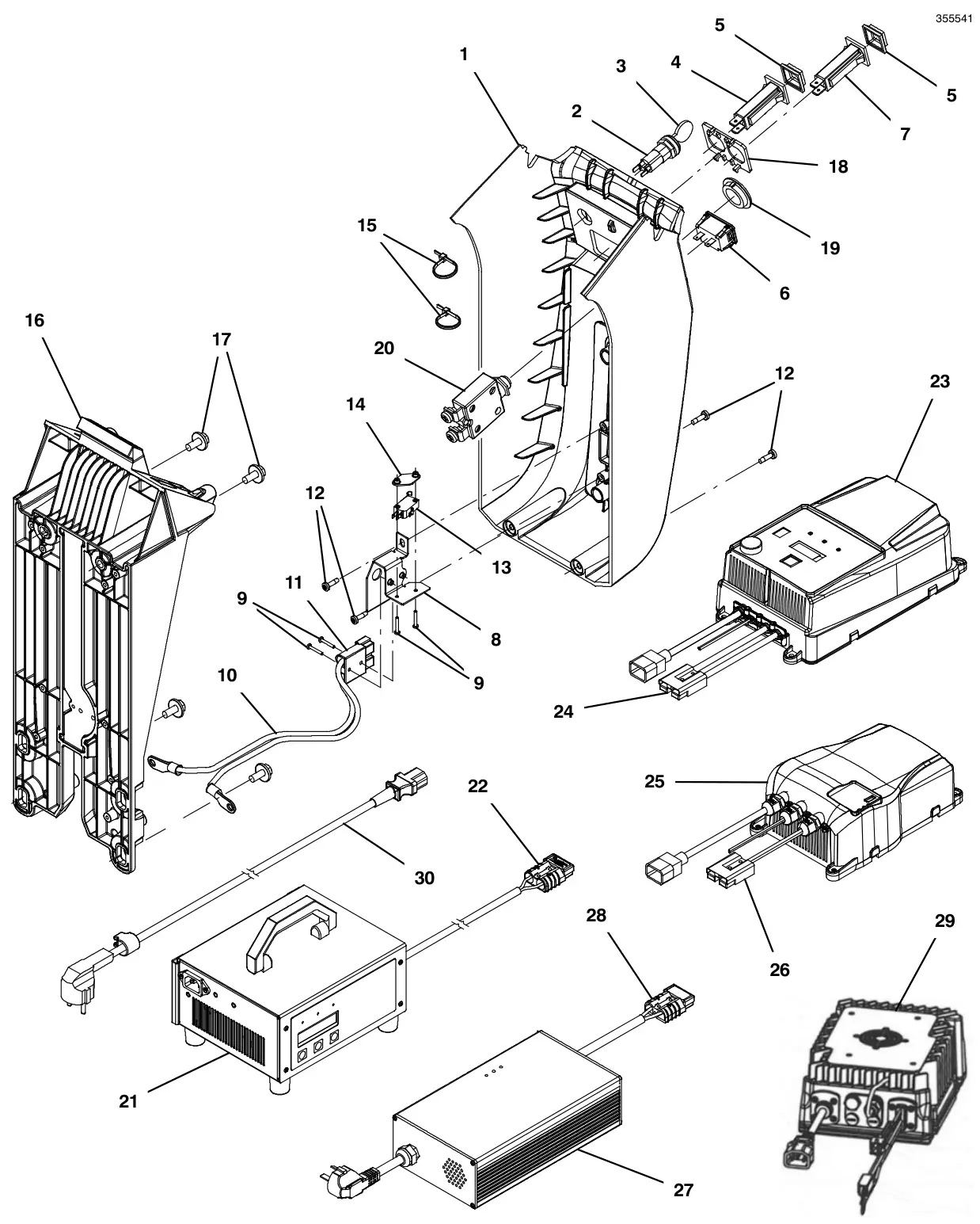 Tennant T300e (S/N 30061275-40000000) lower console group, off- board charger (t300e model) drawing, manual page 86