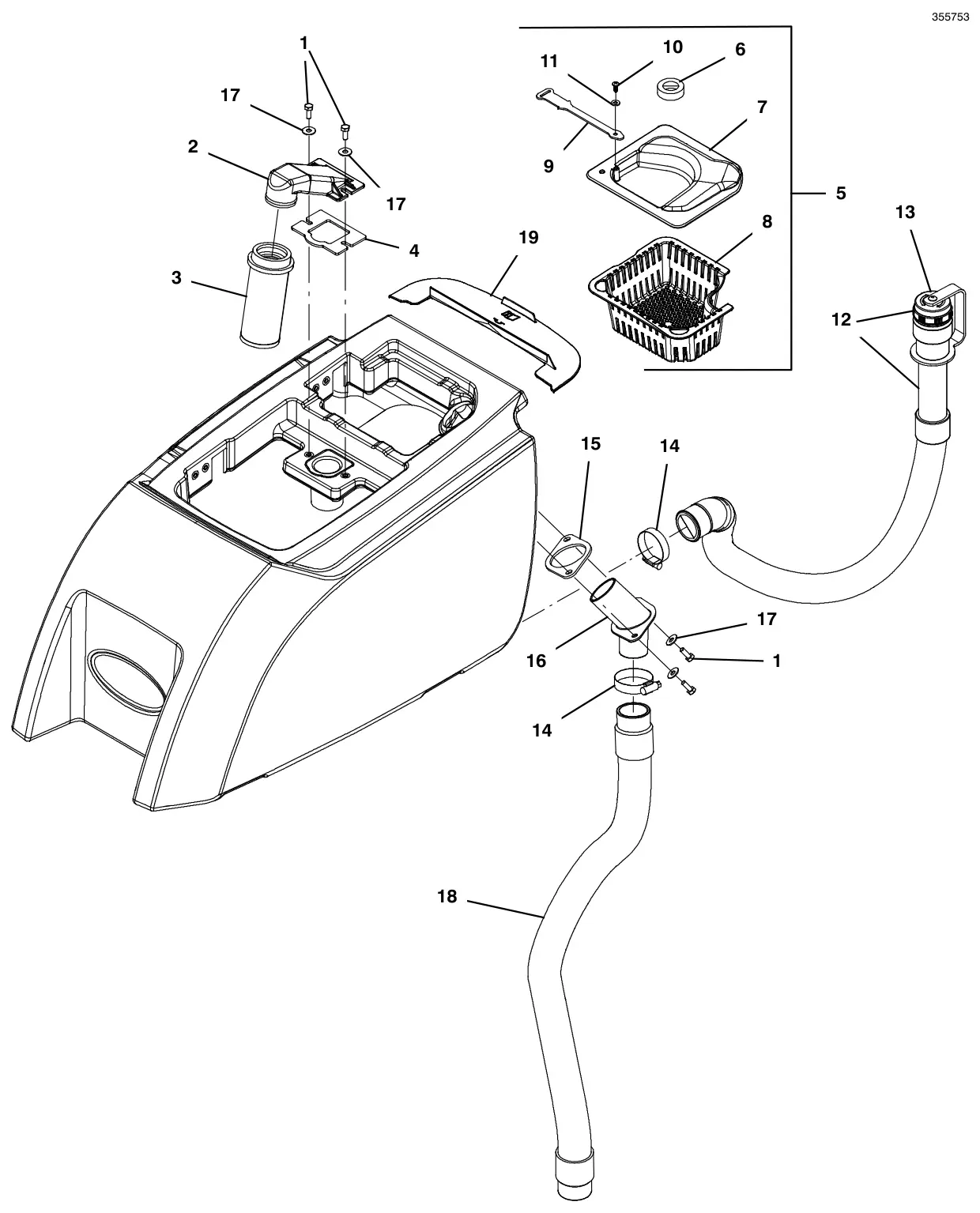 Tennant T300e (S/N 30061275-40000000) recovery tank filter and hose group, pinch cuff screw cap drawing, manual page 52