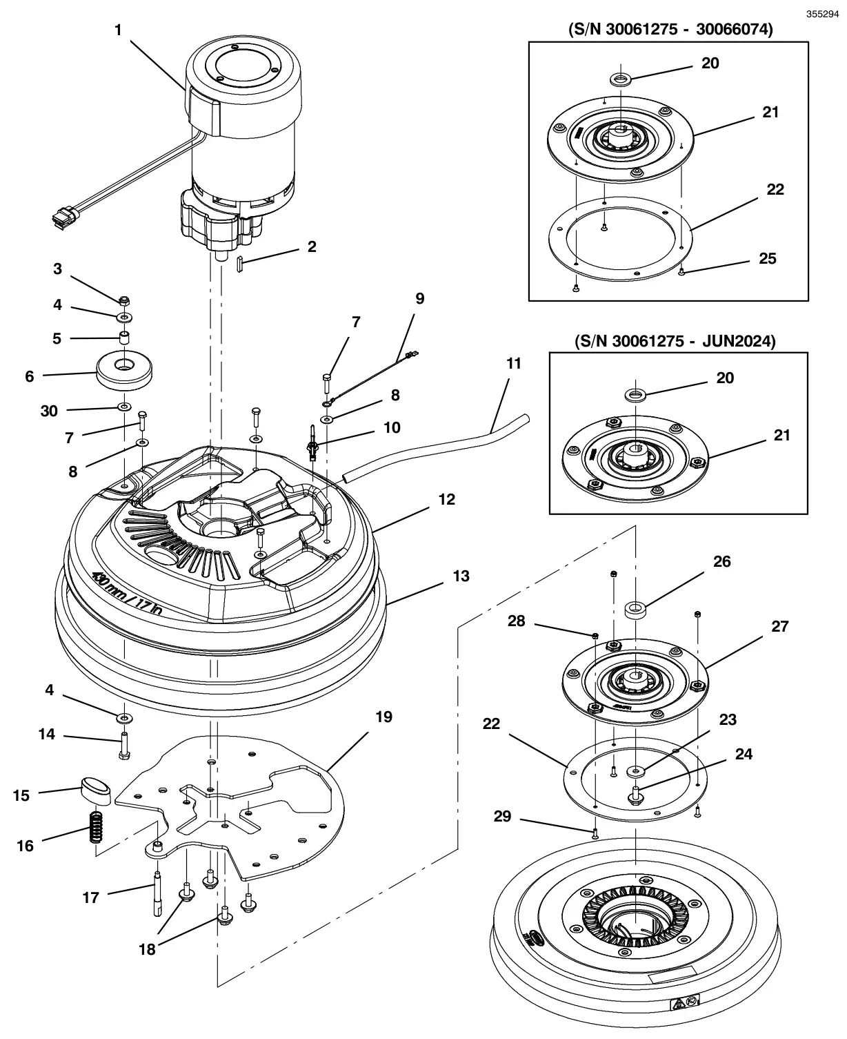 Tennant T300e (S/N 30061275-40000000) scrub head group, 43cm disk, magnetic hub drawing, manual page 26
