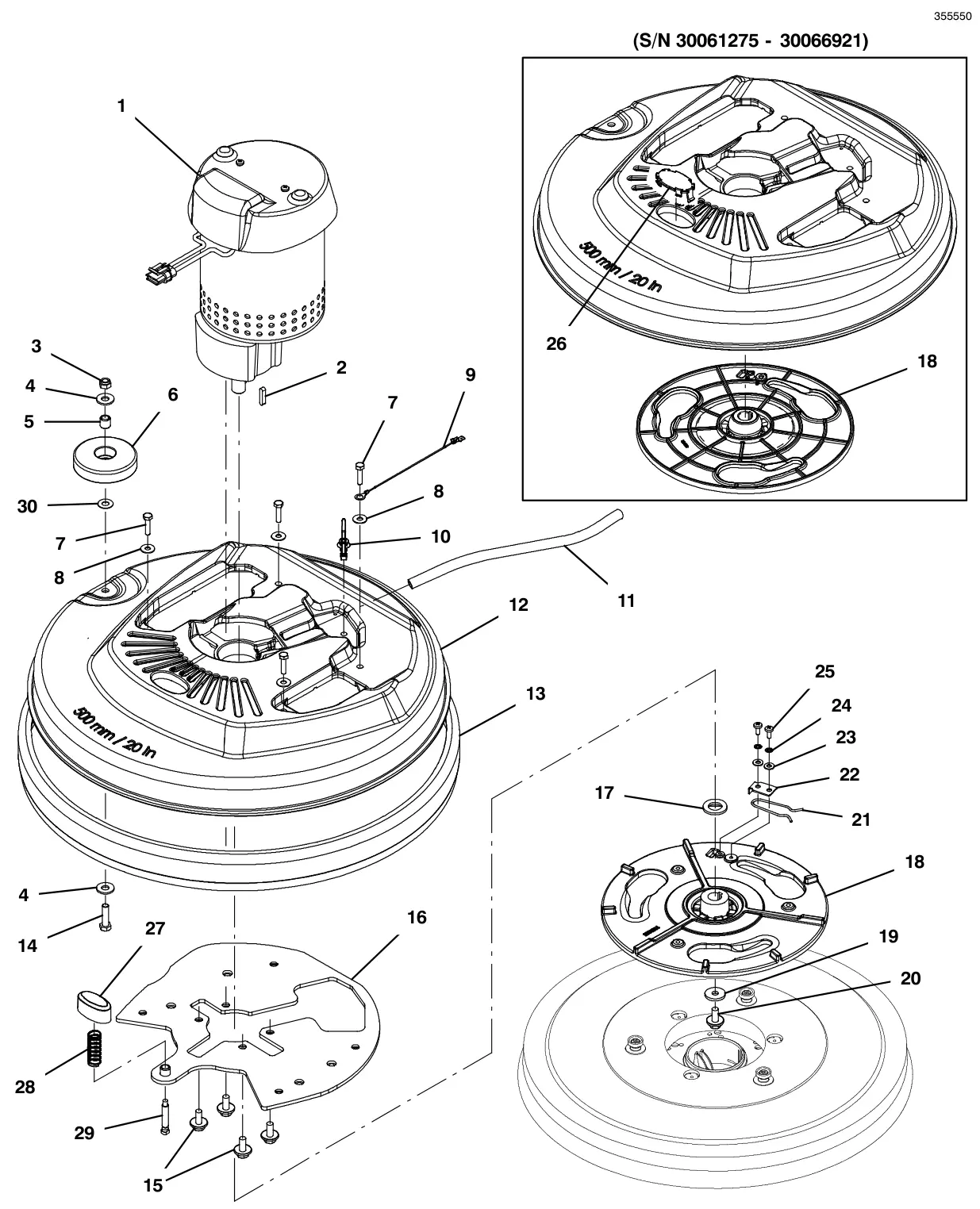 Tennant T300e (S/N 30061275-40000000) scrub head group, 50cm disk, 3- lug hub drawing, manual page 28