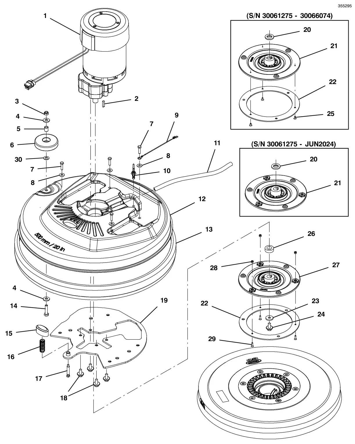 Tennant T300e (S/N 30061275-40000000) scrub head group, 50cm disk, magnetic hub drawing, manual page 30
