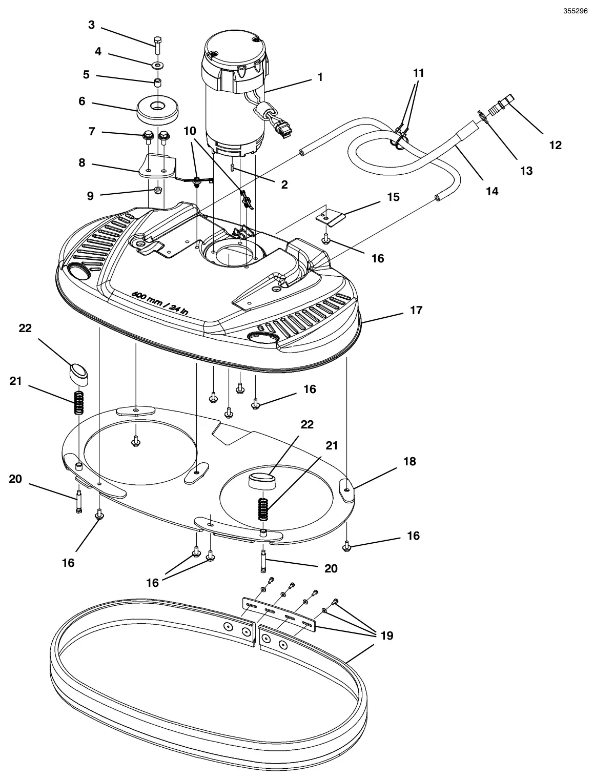 Tennant T300e (S/N 30061275-40000000) scrub head group, 60cm dual disk, magnetic hub drawing, manual page 36