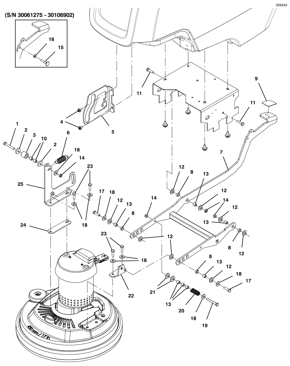Tennant T300e (S/N 30061275-40000000) scrub head lift group, 43cm disk model (t300e model) drawing, manual page 114