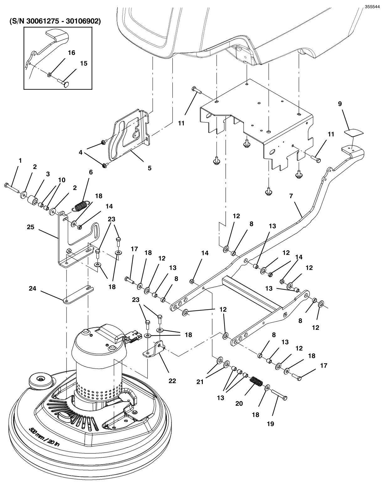 Tennant T300e (S/N 30061275-40000000) scrub head lift group, 50cm disk model (t300e model) drawing, manual page 118