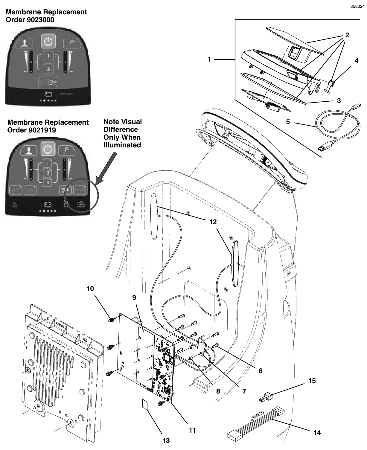 Tennant T500 console panel, pro-membrane, with telemetry (s/n 10000000-11099112) drawing, manual page 104