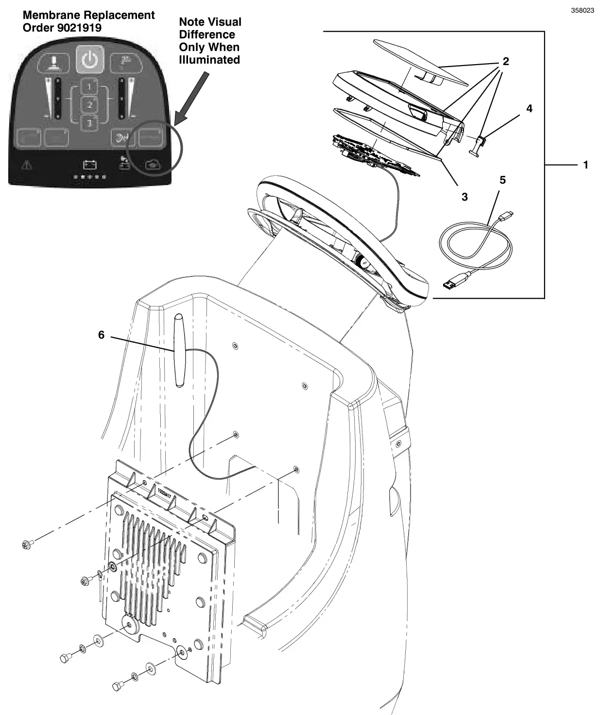 Tennant T500 console panel, pro-membrane, with telemetry (s/n 11099113 and later) drawing, manual page 102