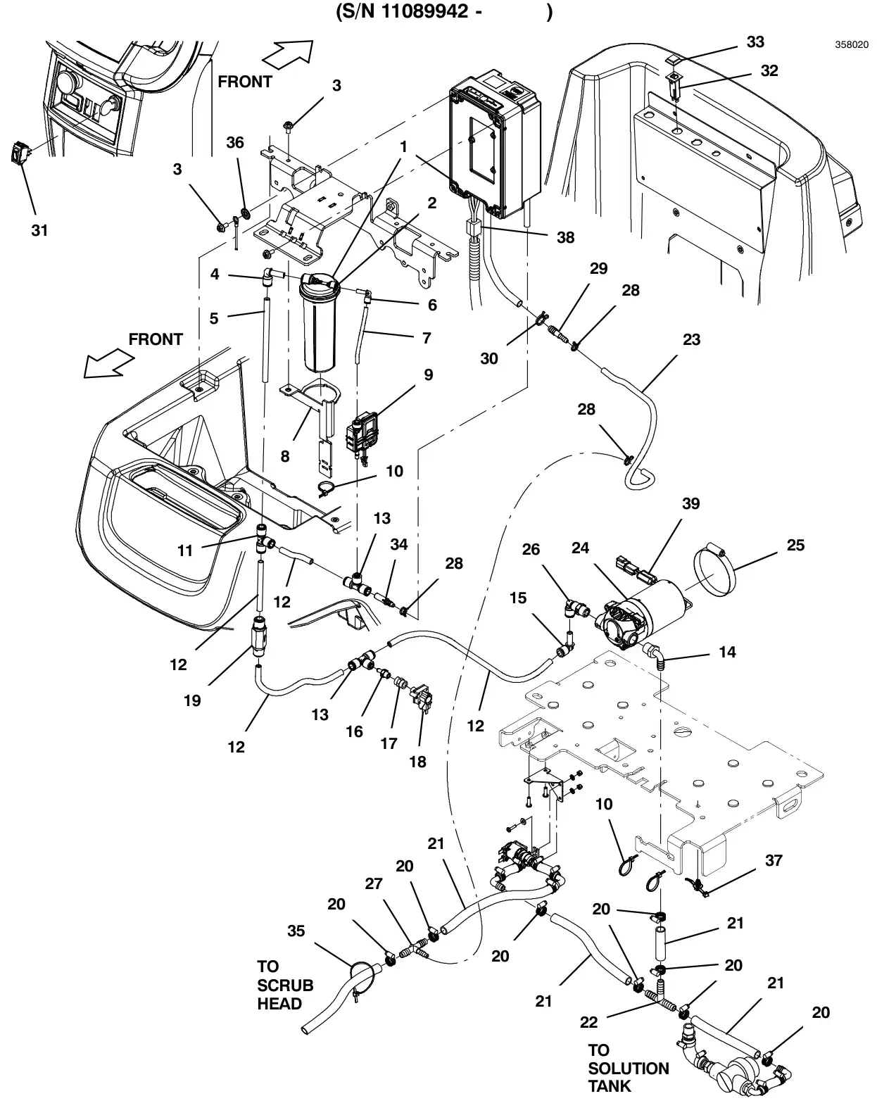 Tennant T500 ec-h2o solution group (barb connector style) (s/n 11089942 and later) drawing, manual page 122
