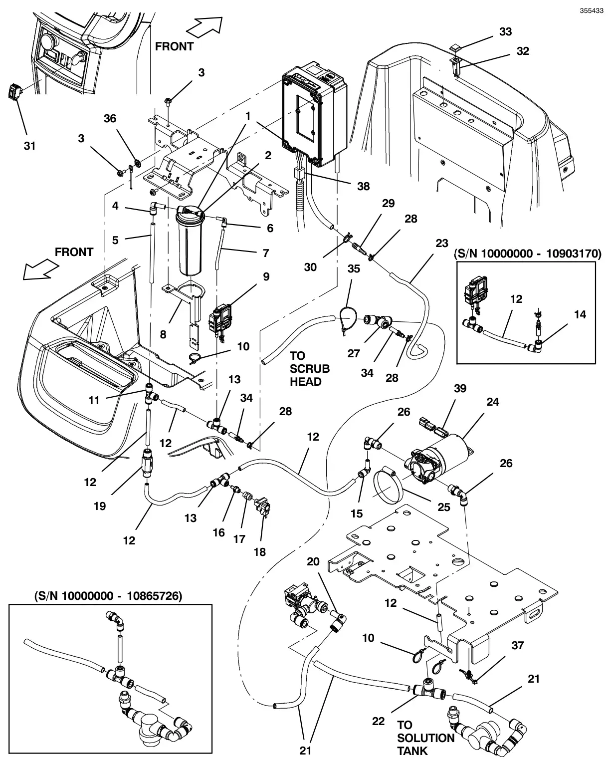 Tennant T500 ec-h2o solution group (push quick connector style) (s/n 10000000-11089941) drawing, manual page 124