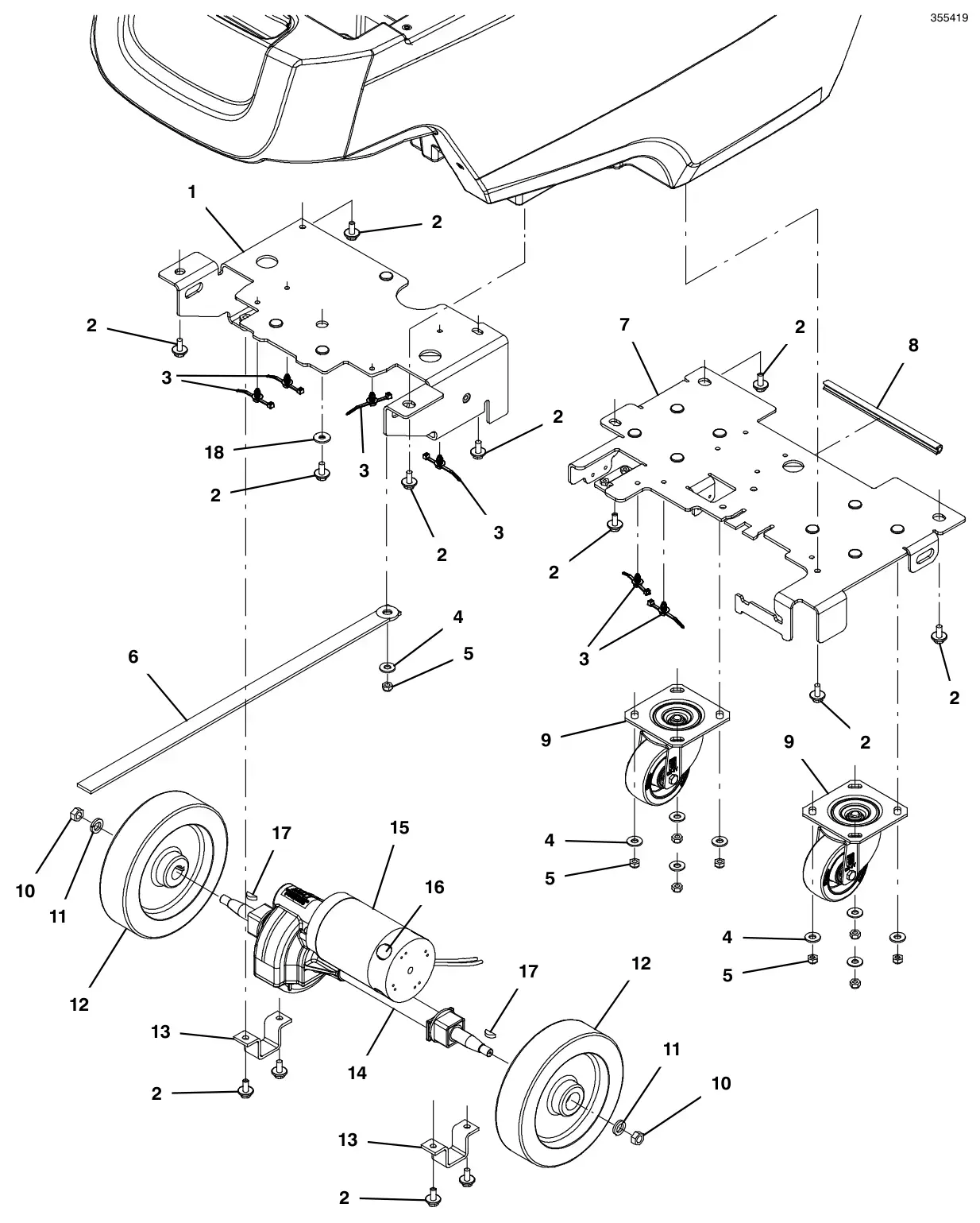 Tennant T500 frame and drive group (s/n 10000000-11064201) (note: solution tank support bracket upgrade kit available, tennant part number 9021792 pages 140-141) drawing, manual page 36