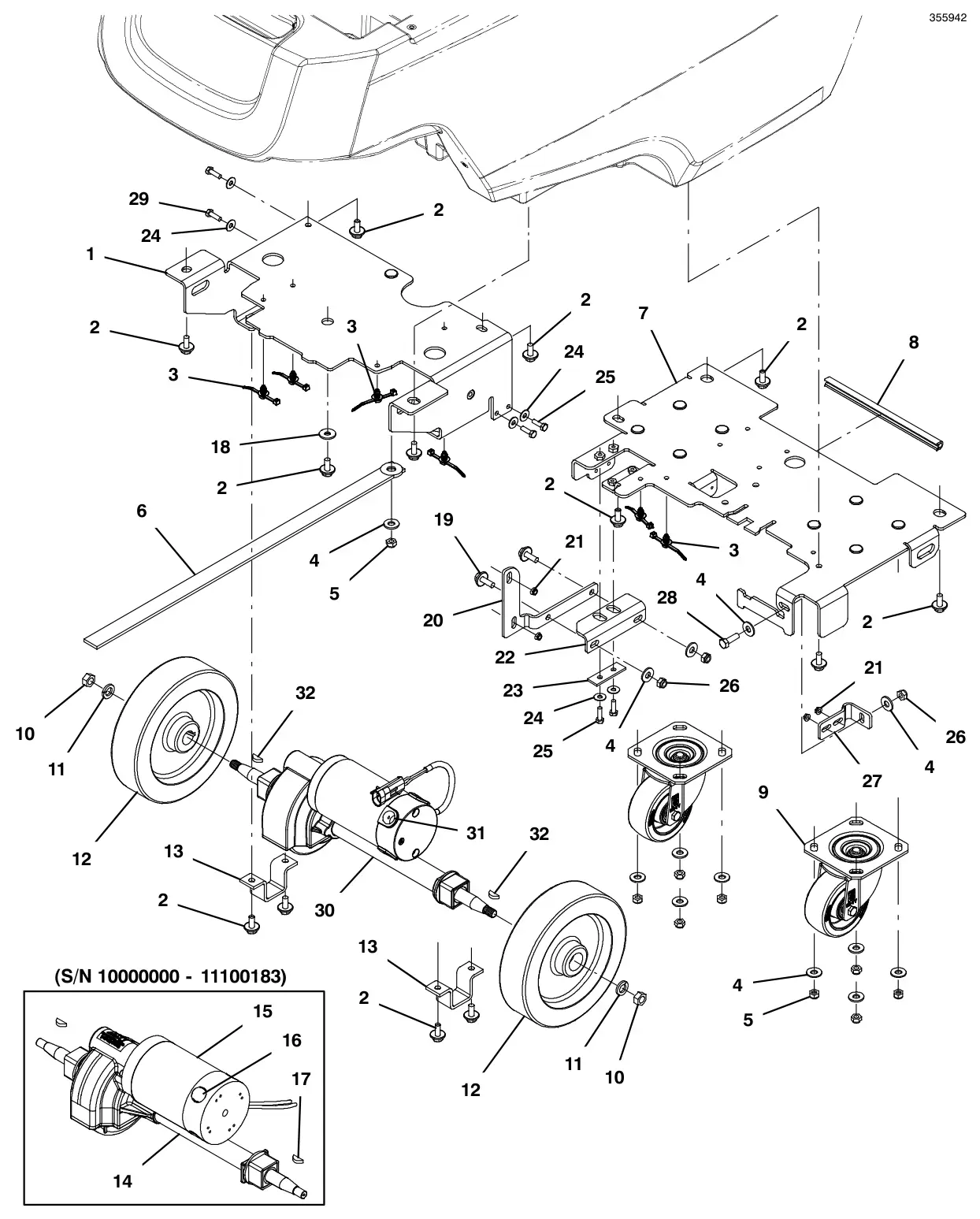Tennant T500 frame and drive group (s/n 11064202 and later) drawing, manual page 34