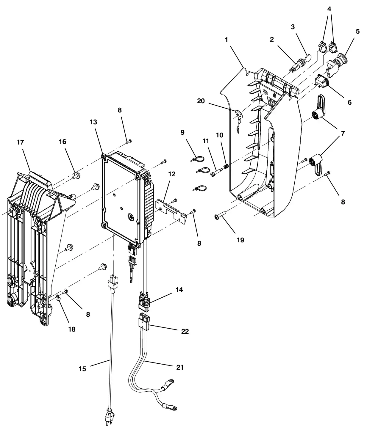 Tennant T500 lower console group, on-board charger 1000w, lithium-ion battery drawing, manual page 52
