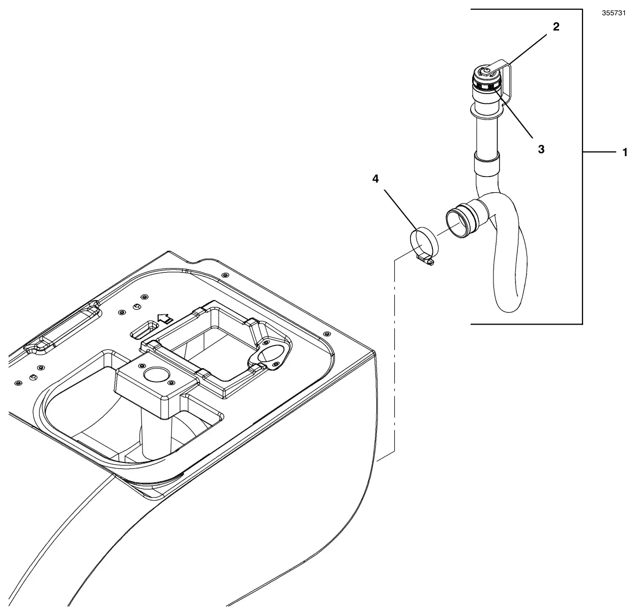 Tennant T500 pinch cuff screw cap drain hose group drawing, manual page 110
