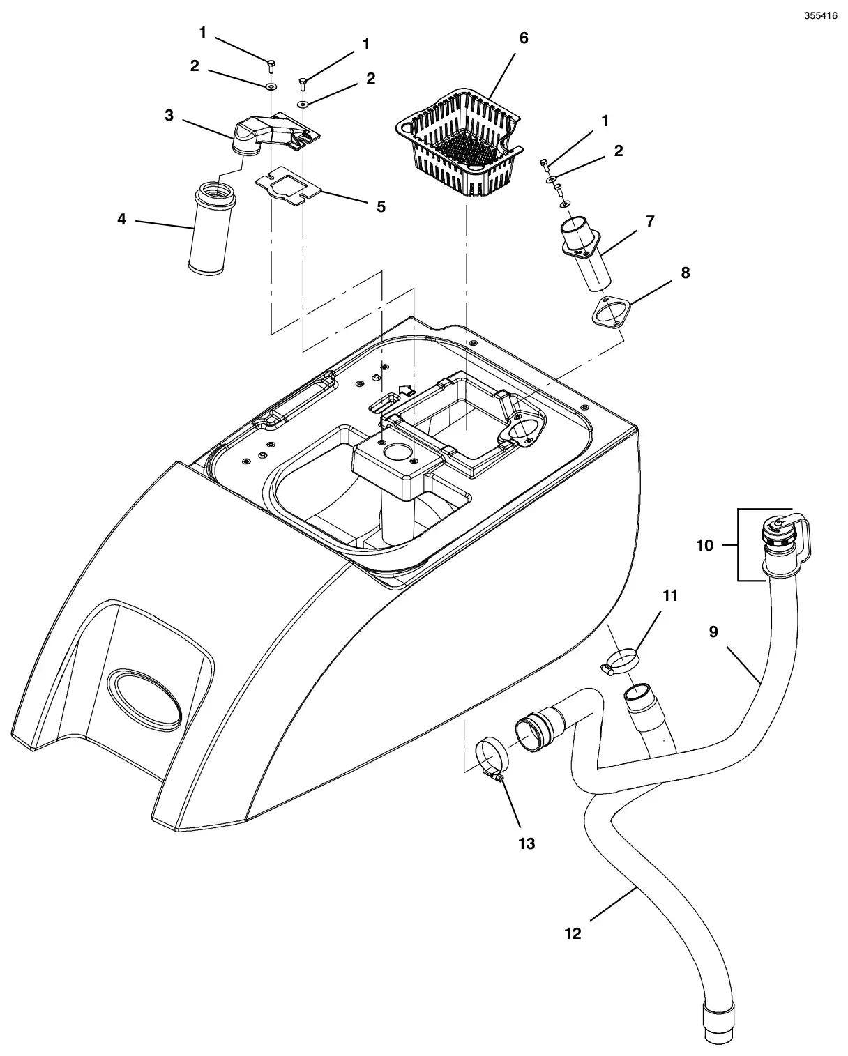 Tennant T500 recovery tank filter and hose group, standard screw cap drawing, manual page 28