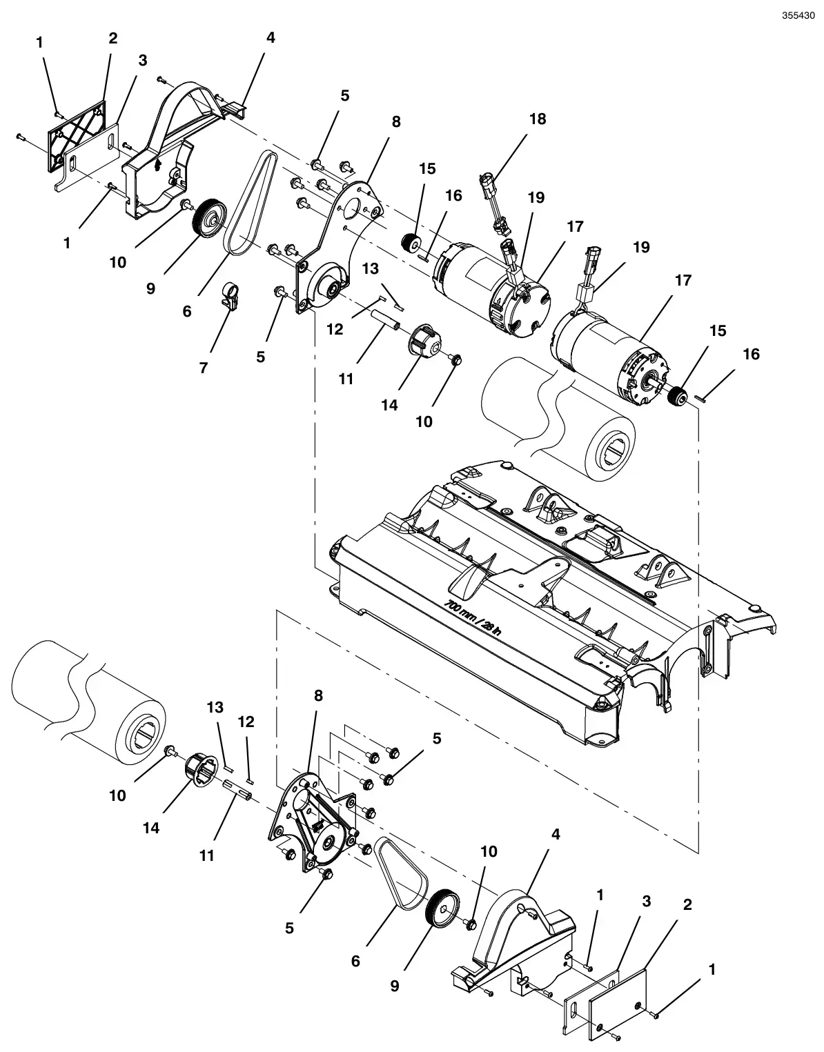 Tennant T500 scrub head group, cylindrical 28 in (700 mm) - continued drawing, manual page 22