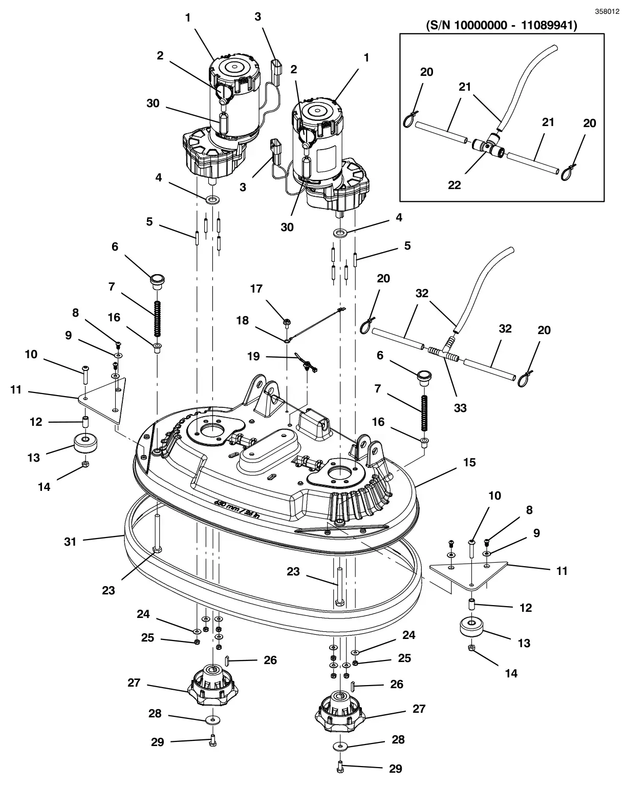 Tennant T500 scrub head group, disk 26 in (650 mm) drawing, manual page 14