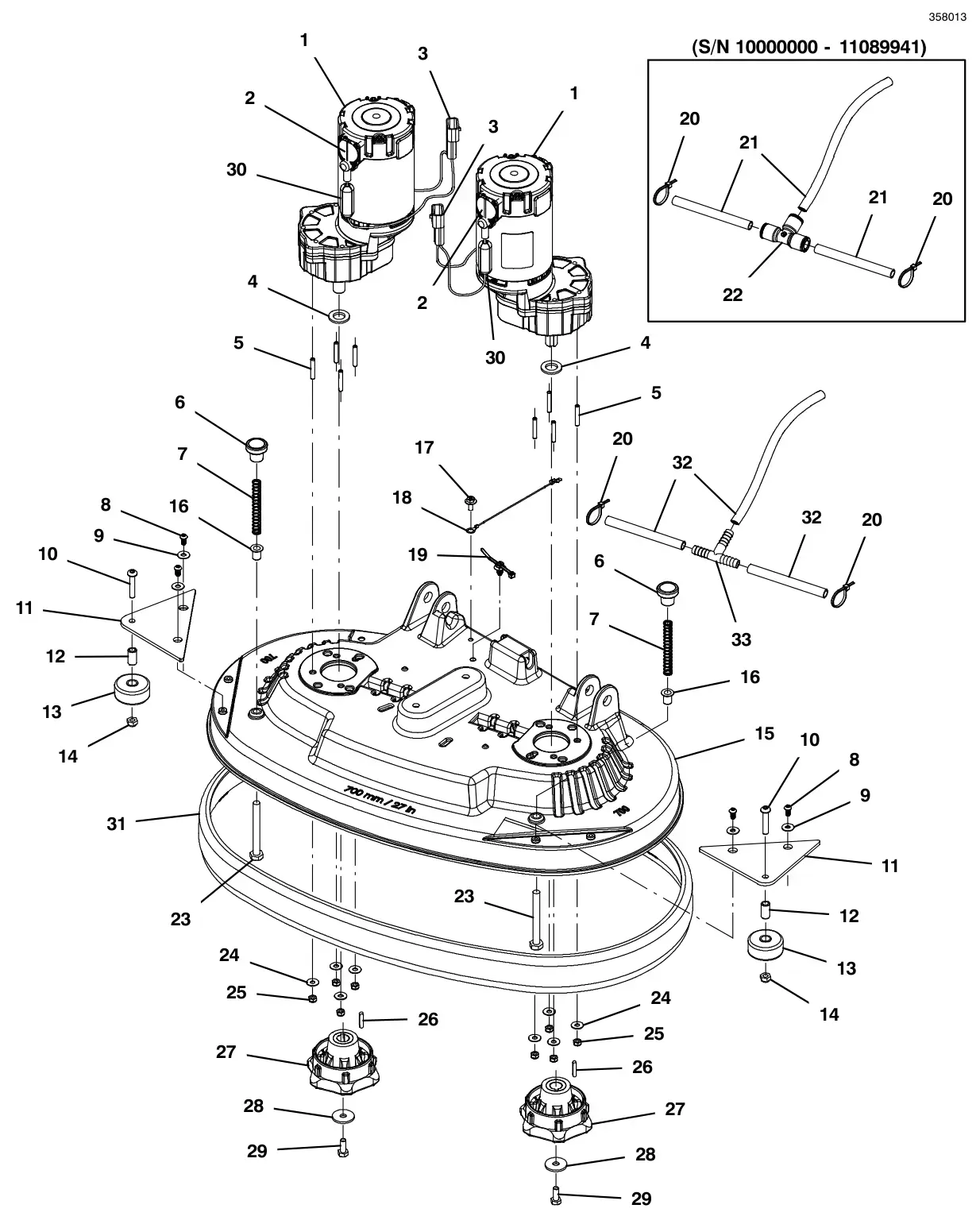 Tennant T500 scrub head group, disk 28 in (700 mm) drawing, manual page 16