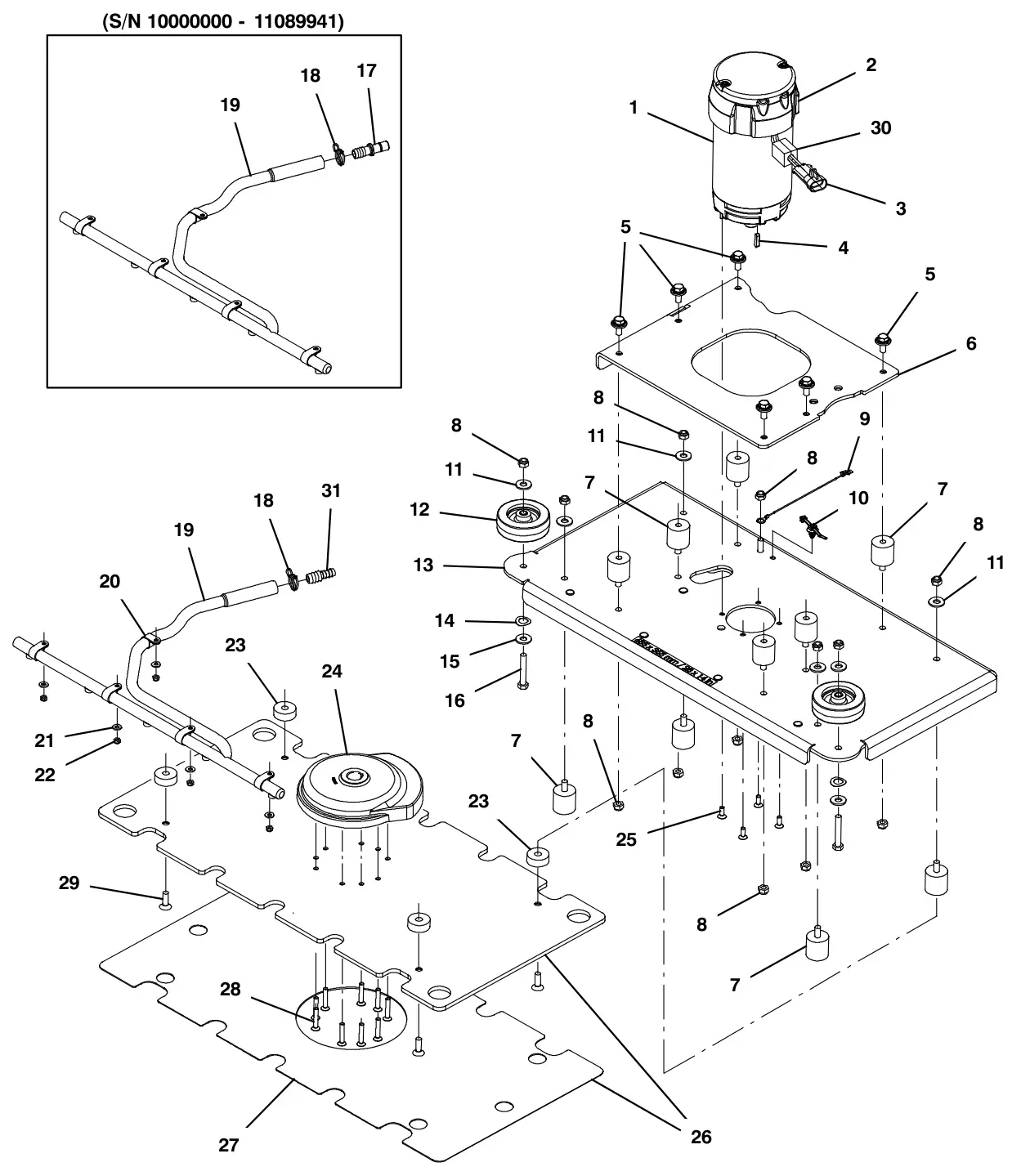 Tennant T500 scrub head group, orbital 28 in (700 mm) drawing, manual page 24