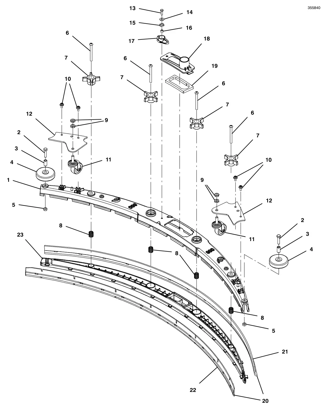Tennant T500 squeegee assembly, 32 in (800 mm) (new style 9021743) drawing, manual page 74