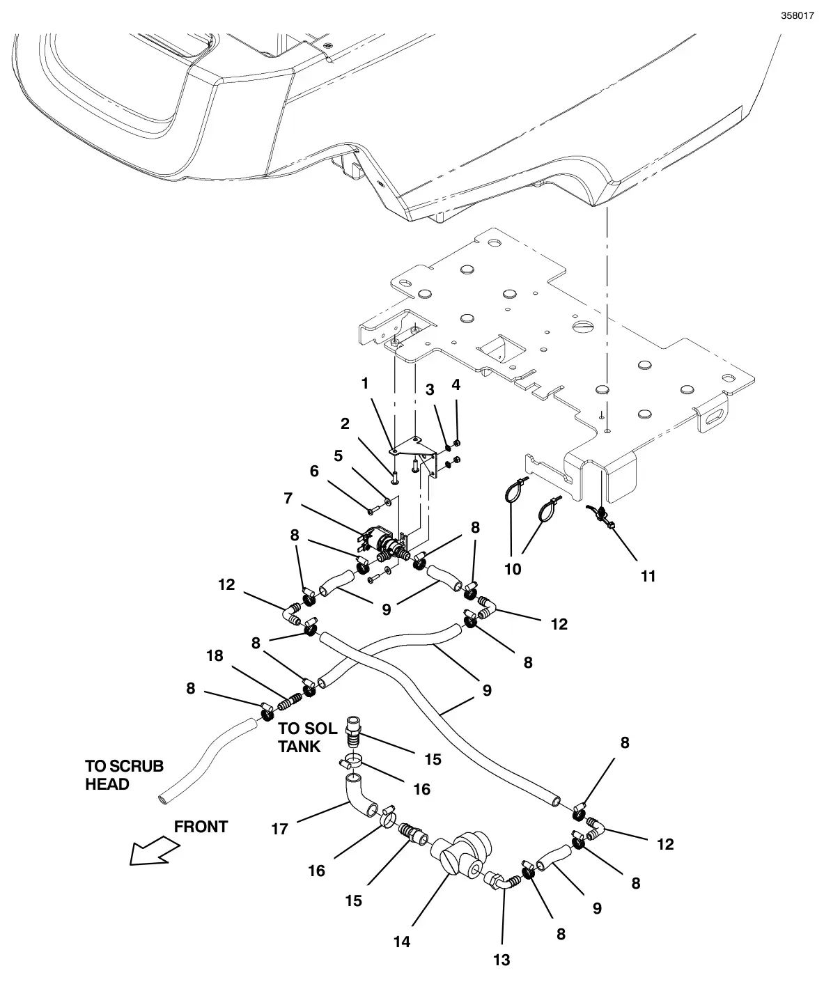 Tennant T500 standard solution group (barb connector style) (s/n 11089942 and later) drawing, manual page 78