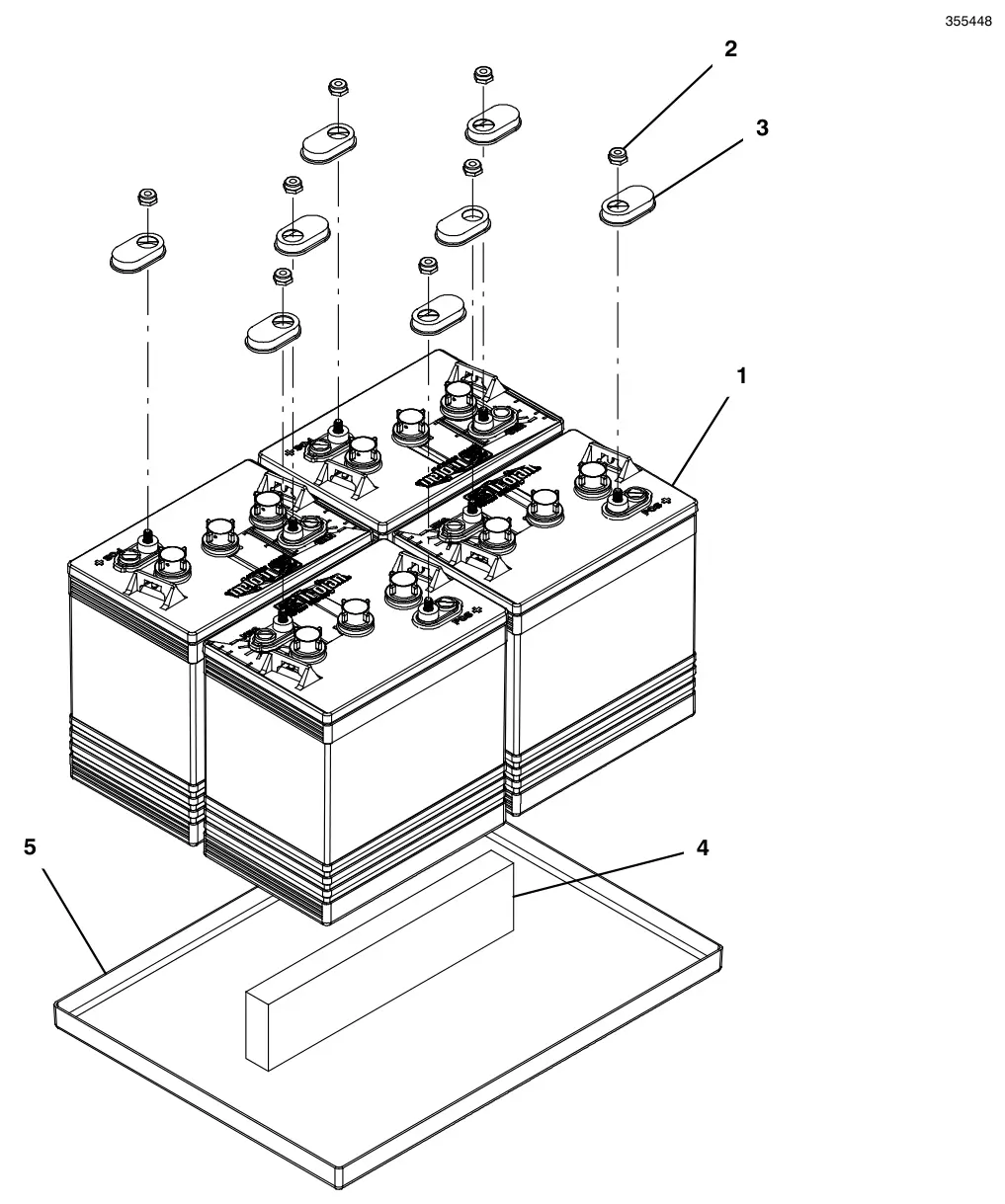 Tennant T500 (S/N 30000000-40000000) battery group, wet 260ah drawing, manual page 89