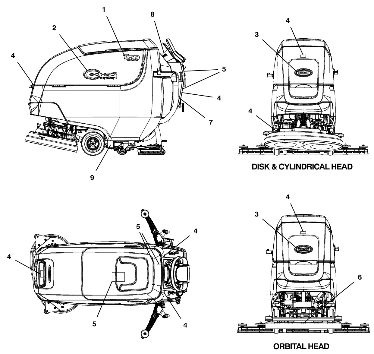 Tennant T500 (S/N 30000000-40000000) label group disk & cylindrical head orbital head drawing, manual page 82