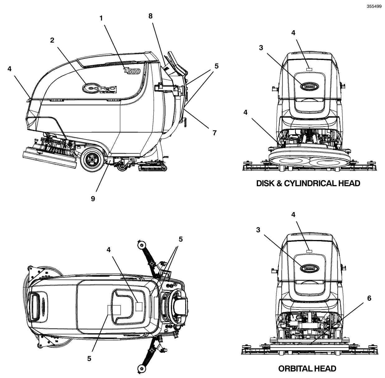 Tennant T500 (S/N 30000000-40000000) label group (japan) disk & cylindrical head orbital head drawing, manual page 83
