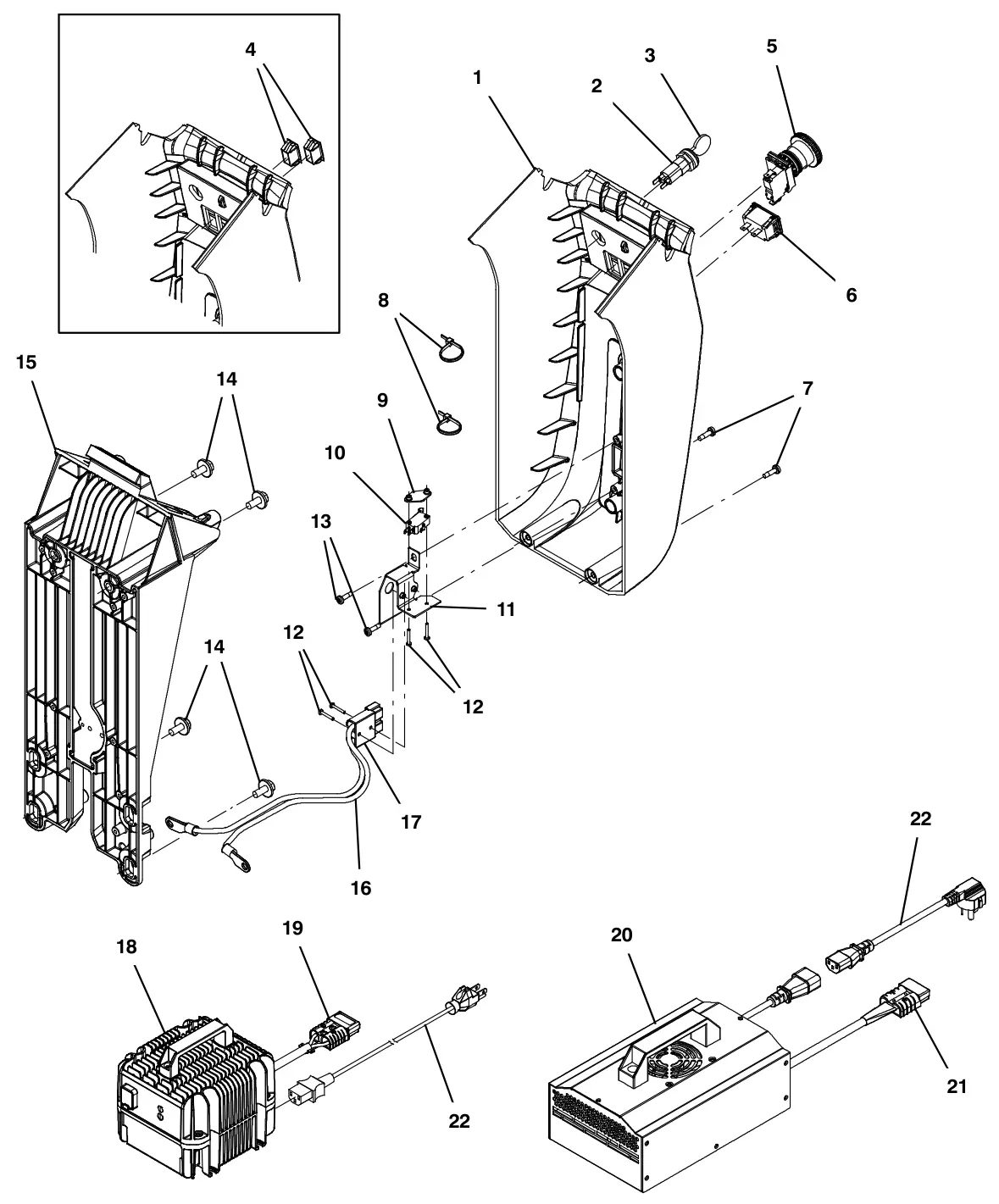 Tennant T500 (S/N 30000000-40000000) lower console group, off-board charger drawing, manual page 56