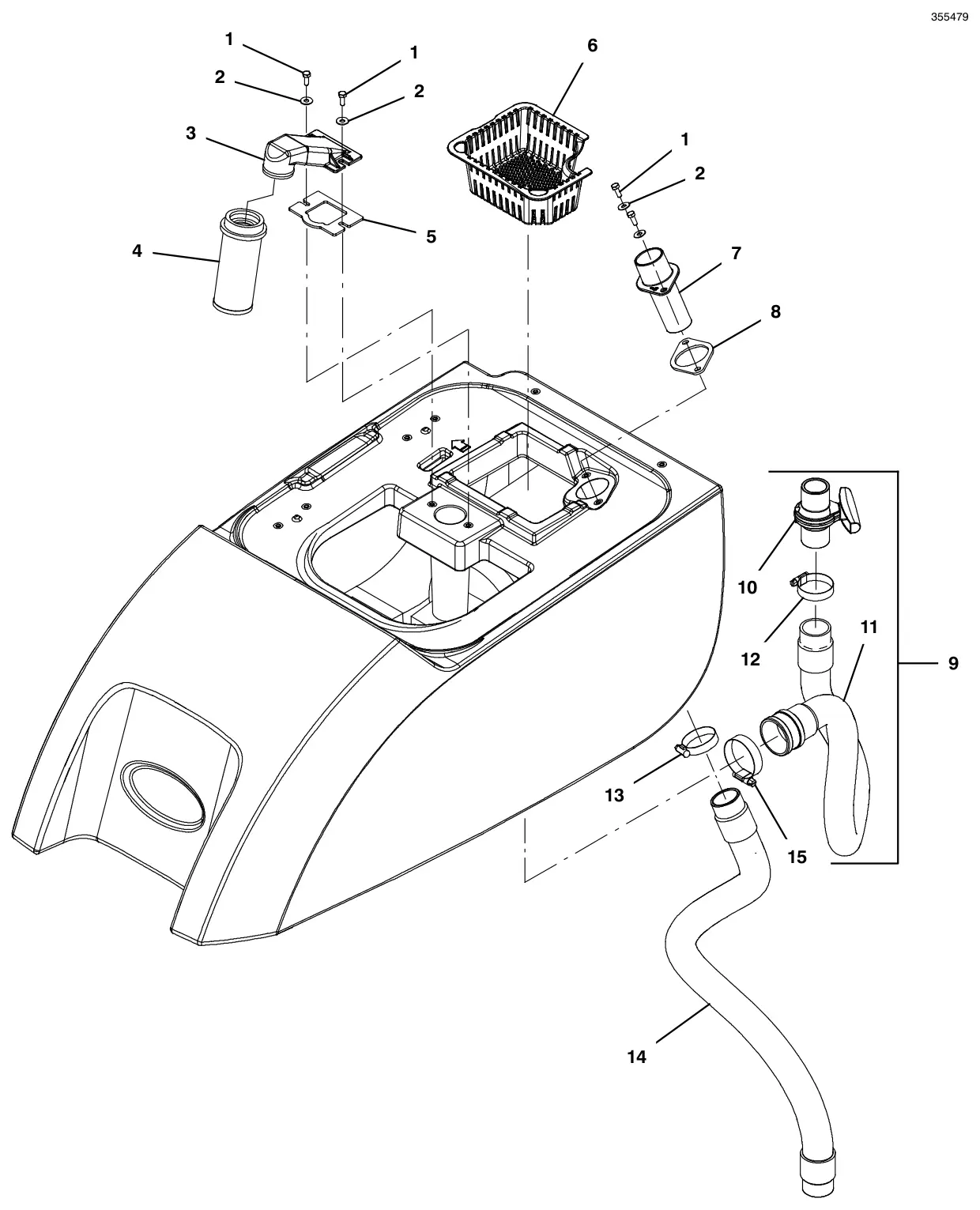 Tennant T500 (S/N 30000000-40000000) recovery tank filter and hose group, control valve (japan) drawing, manual page 36